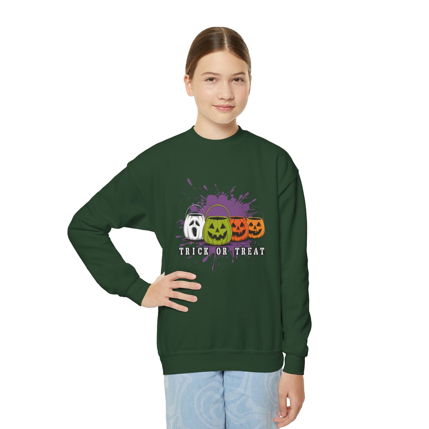 Halloween Pumpkin Trick or Treat Youth Crewneck Sweatshirt