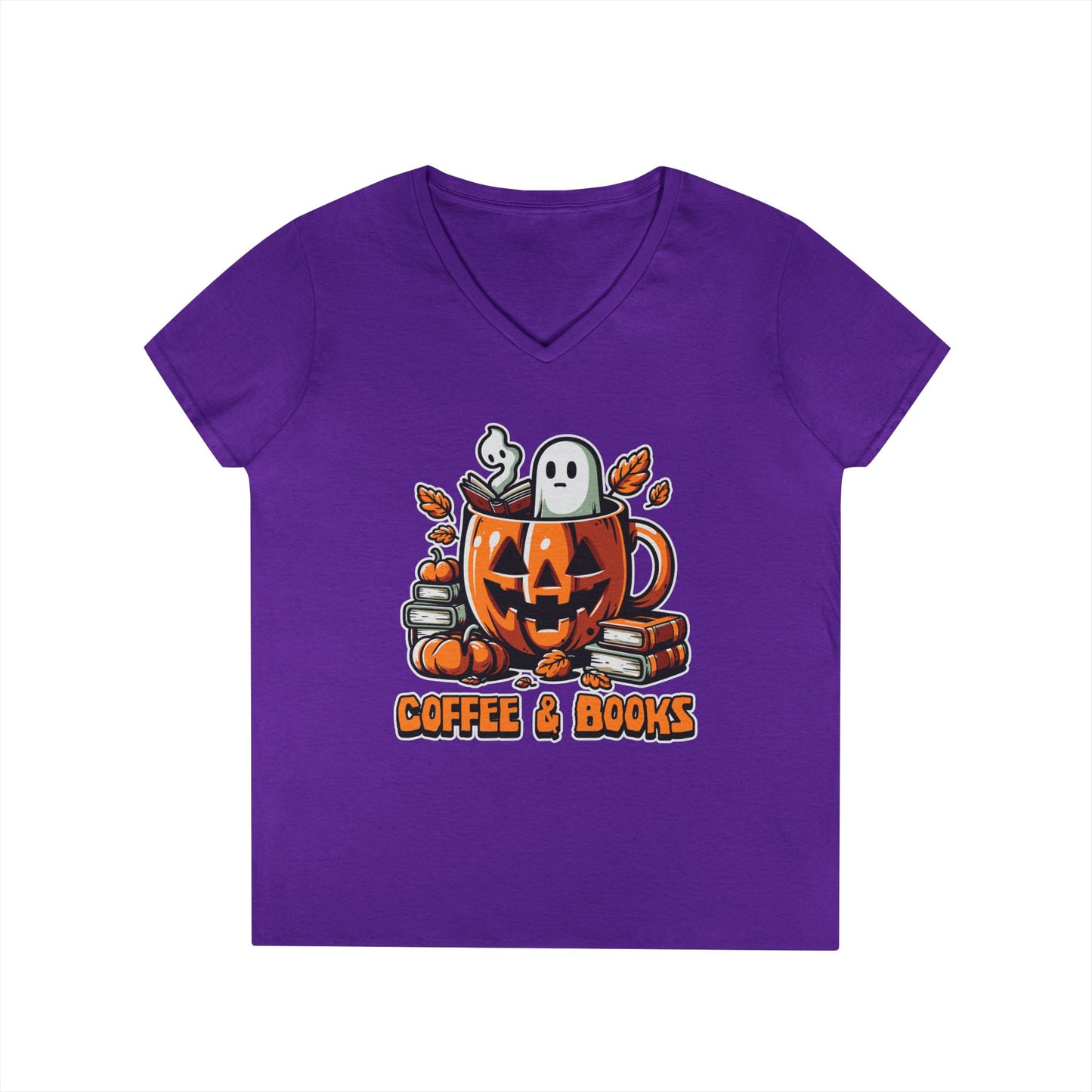 Halloween Coffee & Books Ladies' V-Neck T-Shirt