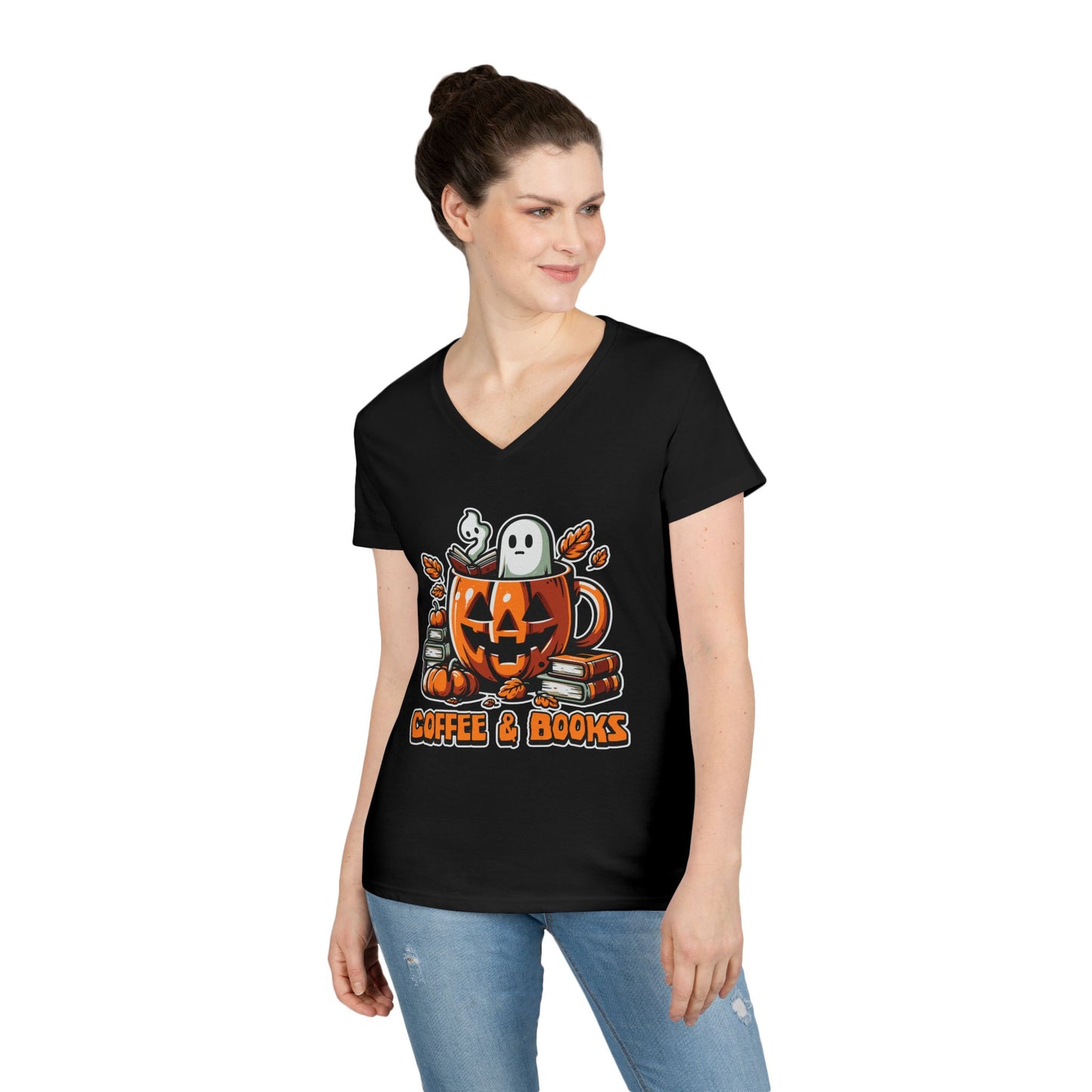 Halloween Coffee & Books Ladies' V-Neck T-Shirt