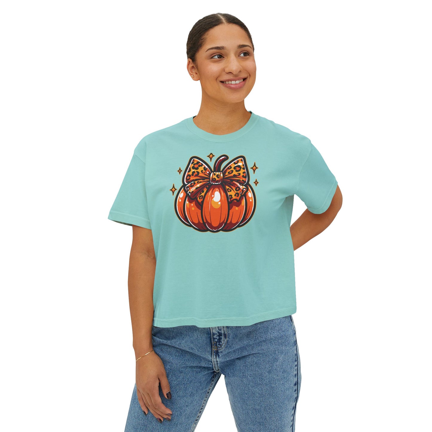 Leopard Pumpkin Bow Boxy Tee
