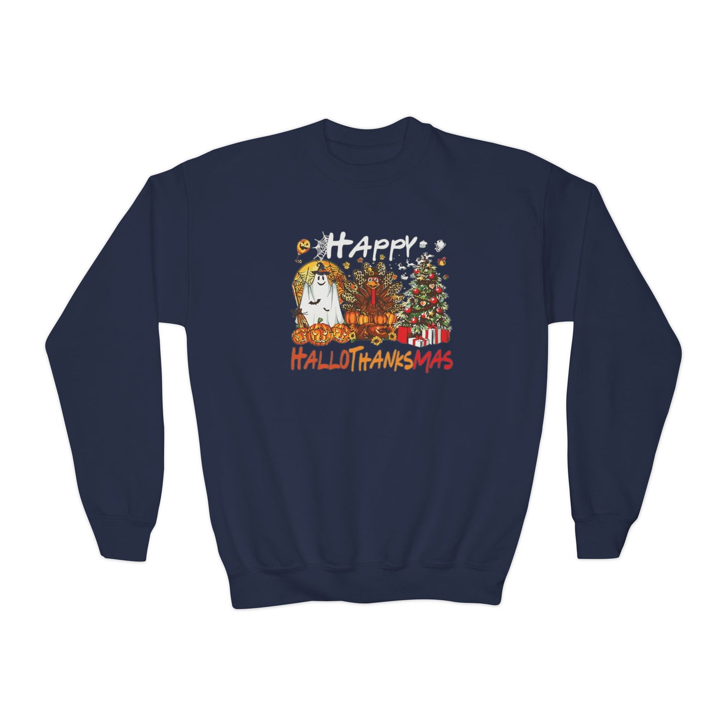 Happy Hallothanksmas Characters Youth Crewneck Sweatshirt
