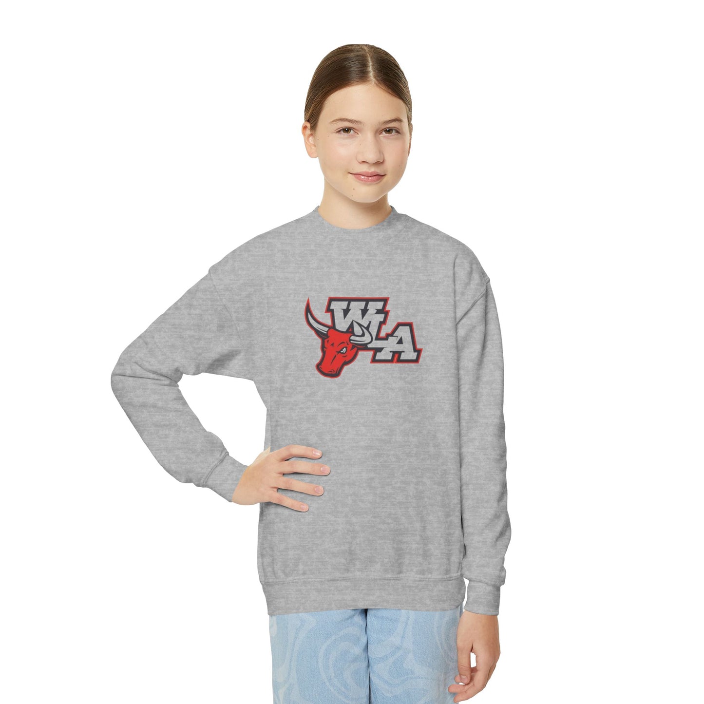 Youth Crewneck Sweatshirt – Red Bull Mascot “WLA” School Spirit Pullover