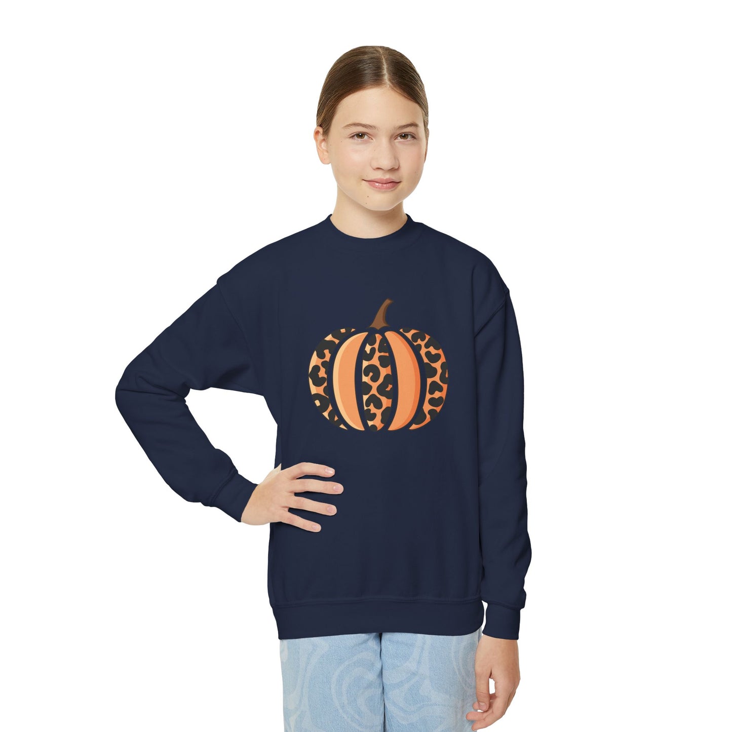 Leopard Print Pumpkin Youth Crewneck Sweatshirt