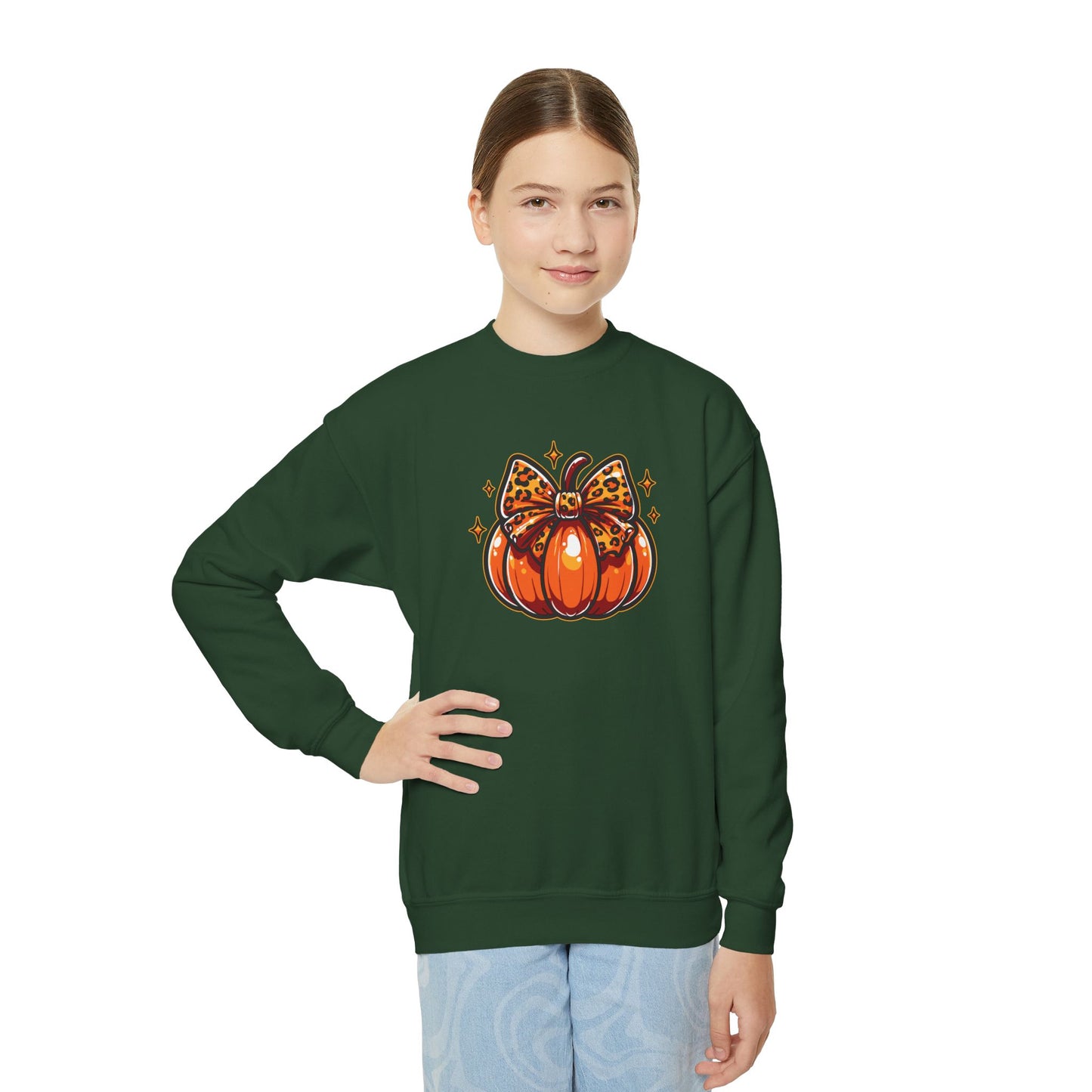 Leopard Pumpkin Bow Youth Crewneck Sweatshirt