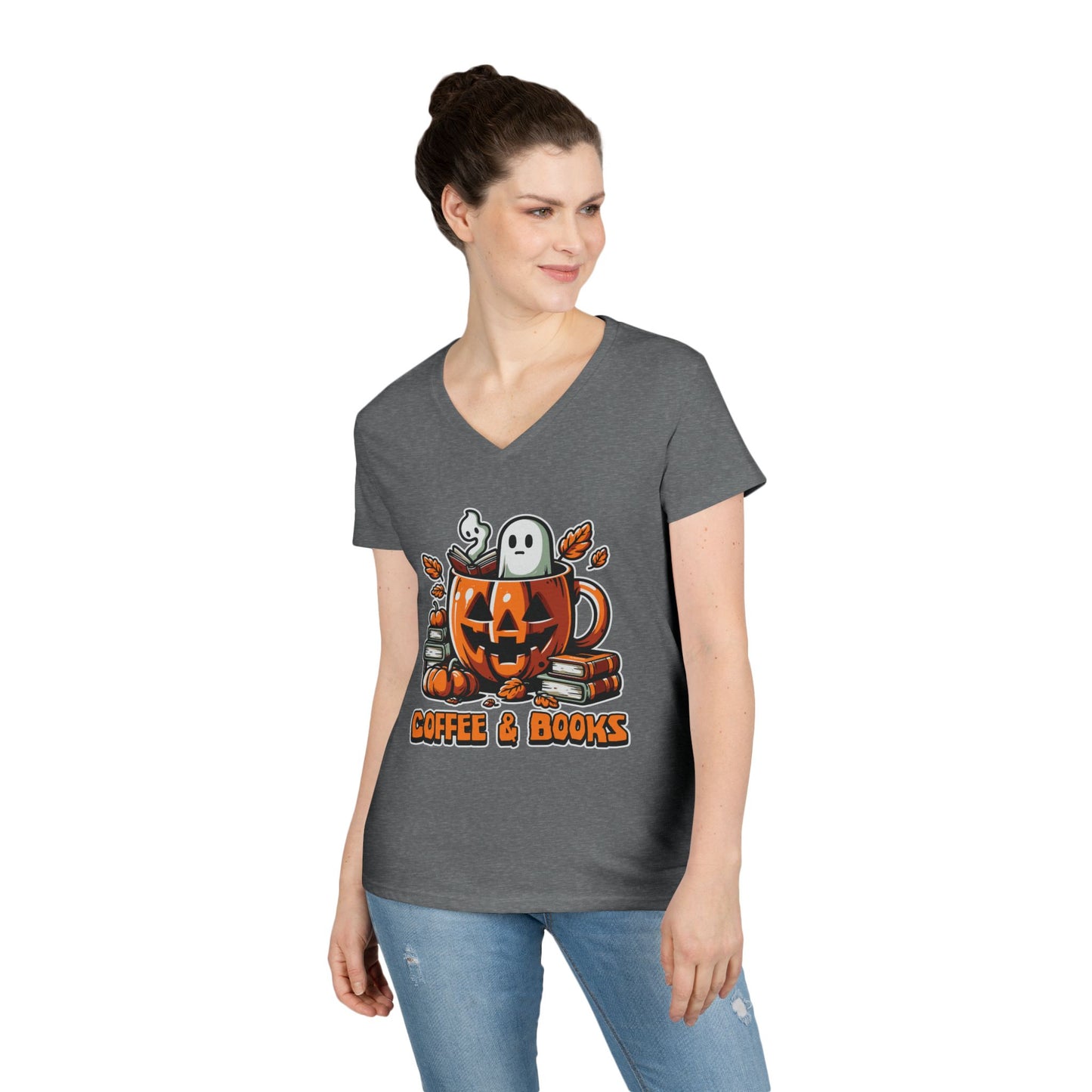 Halloween Coffee & Books Ladies' V-Neck T-Shirt