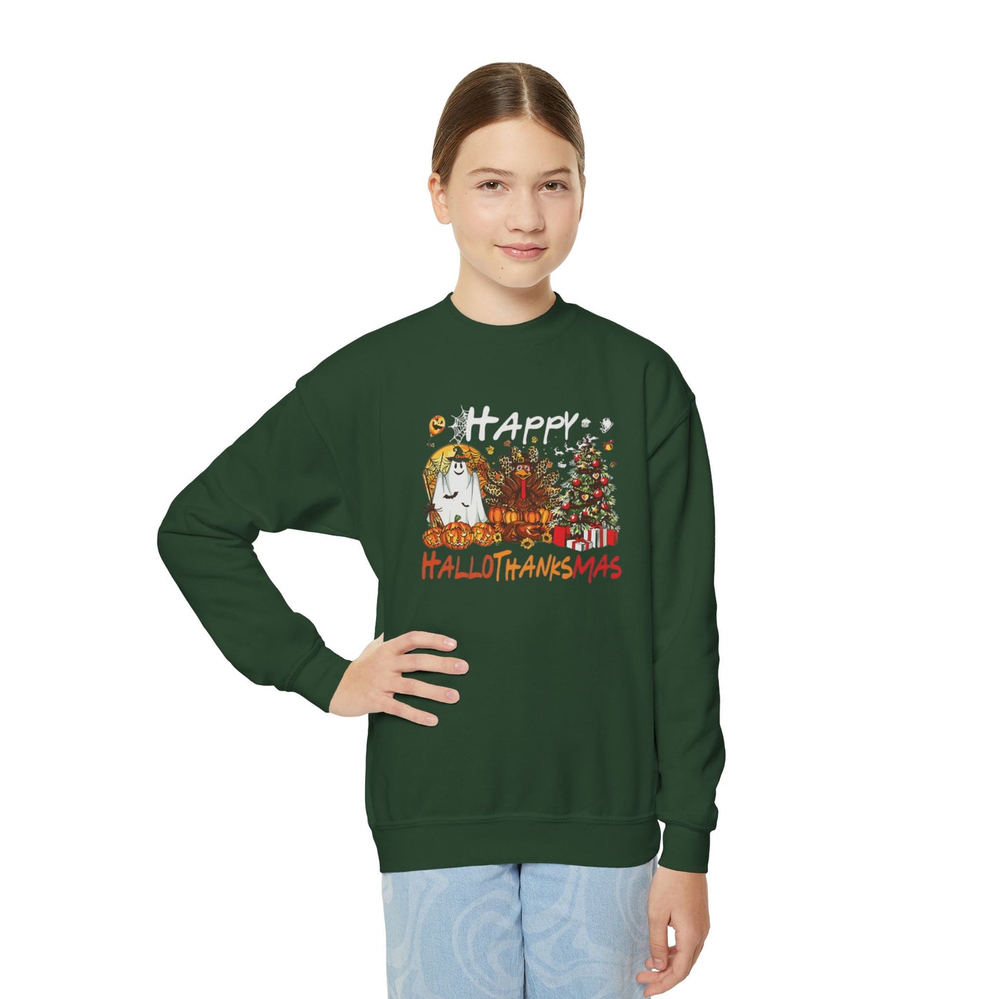 Happy Hallothanksmas Characters Youth Crewneck Sweatshirt