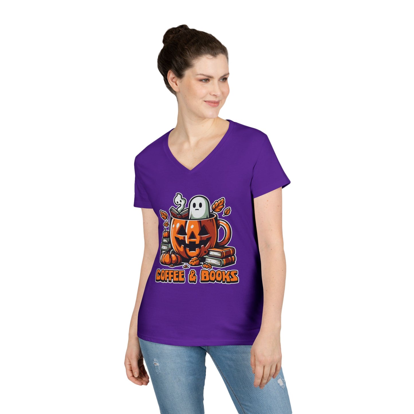 Halloween Coffee & Books Ladies' V-Neck T-Shirt