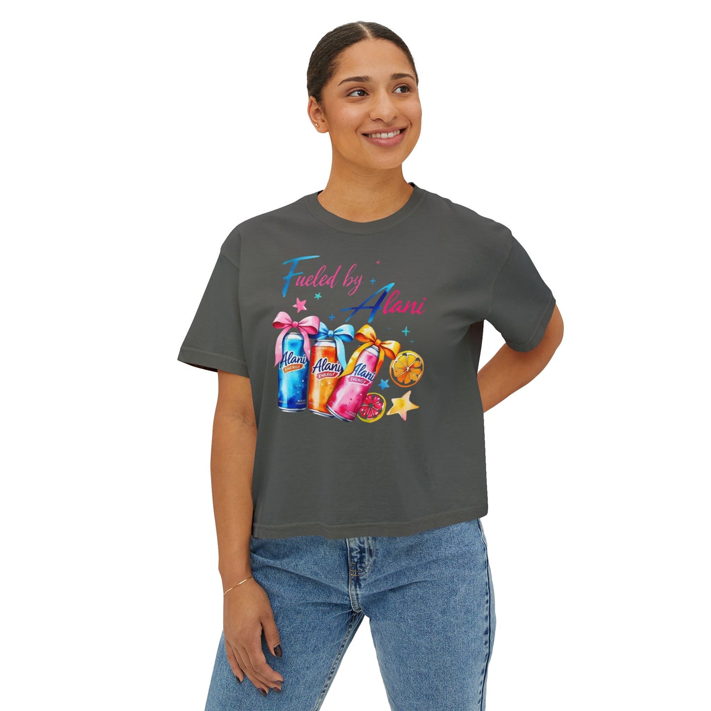 Alani Fueled Women's Boxy Tee, Summer Vibes Shirt, Casual Everyday Tee, Workout Top, Gift for Fitness Lovers, Fun Crew Tee