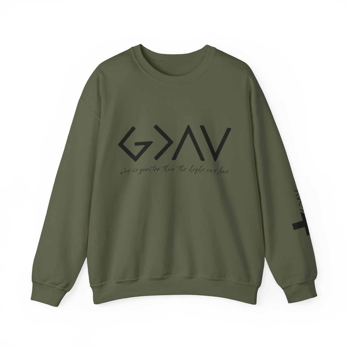 God is Greater with Cross Sleeve Crewneck Sweatshirt