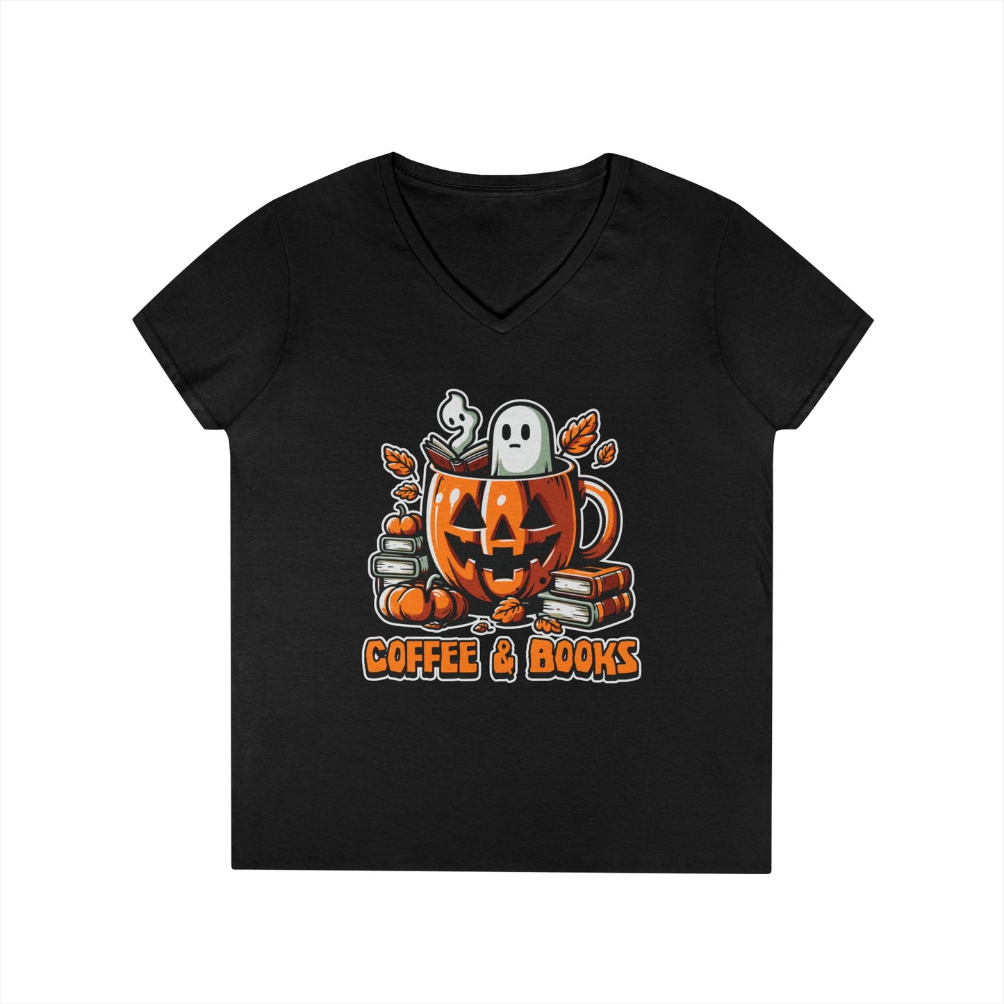 Halloween Coffee & Books Ladies' V-Neck T-Shirt