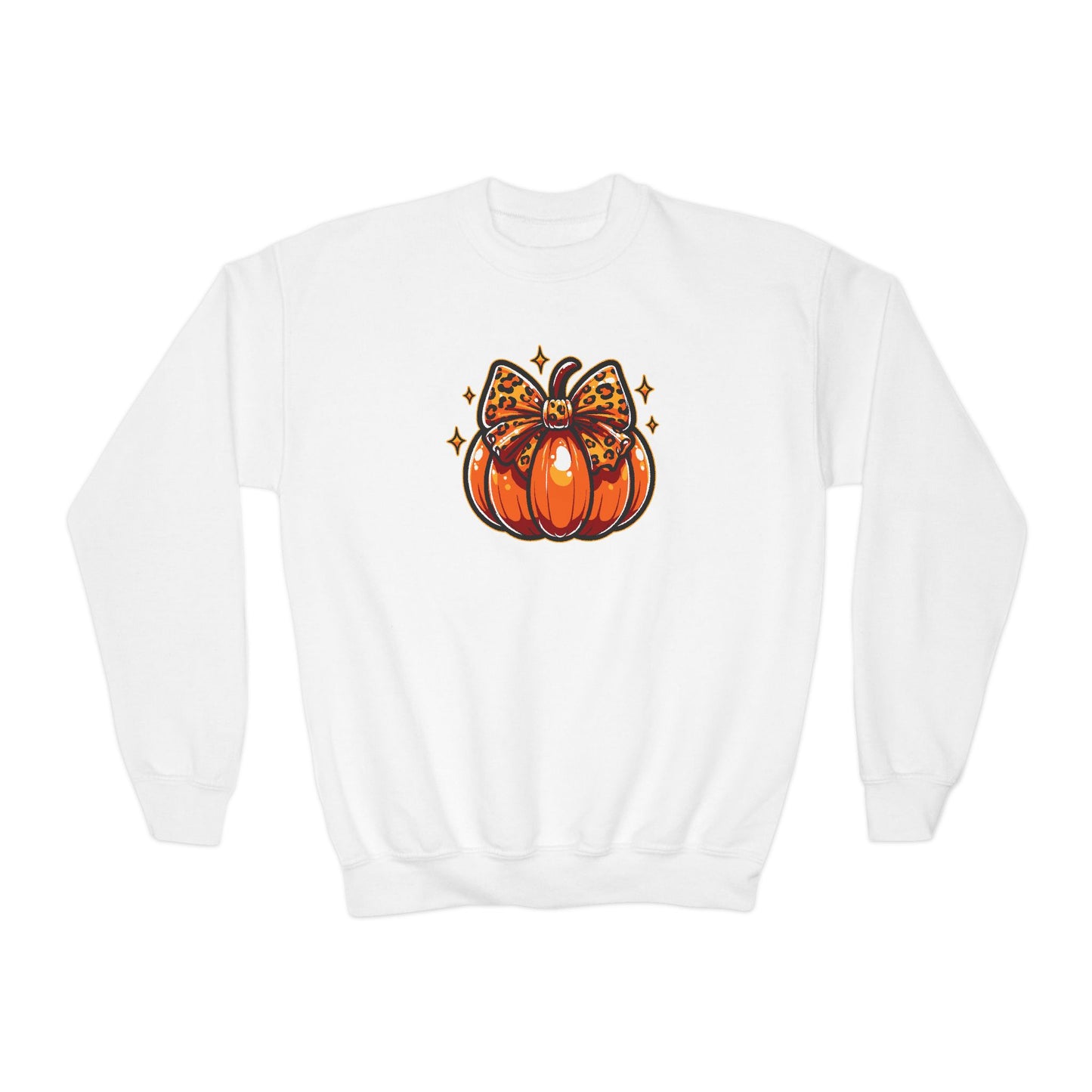 Leopard Pumpkin Bow Youth Crewneck Sweatshirt
