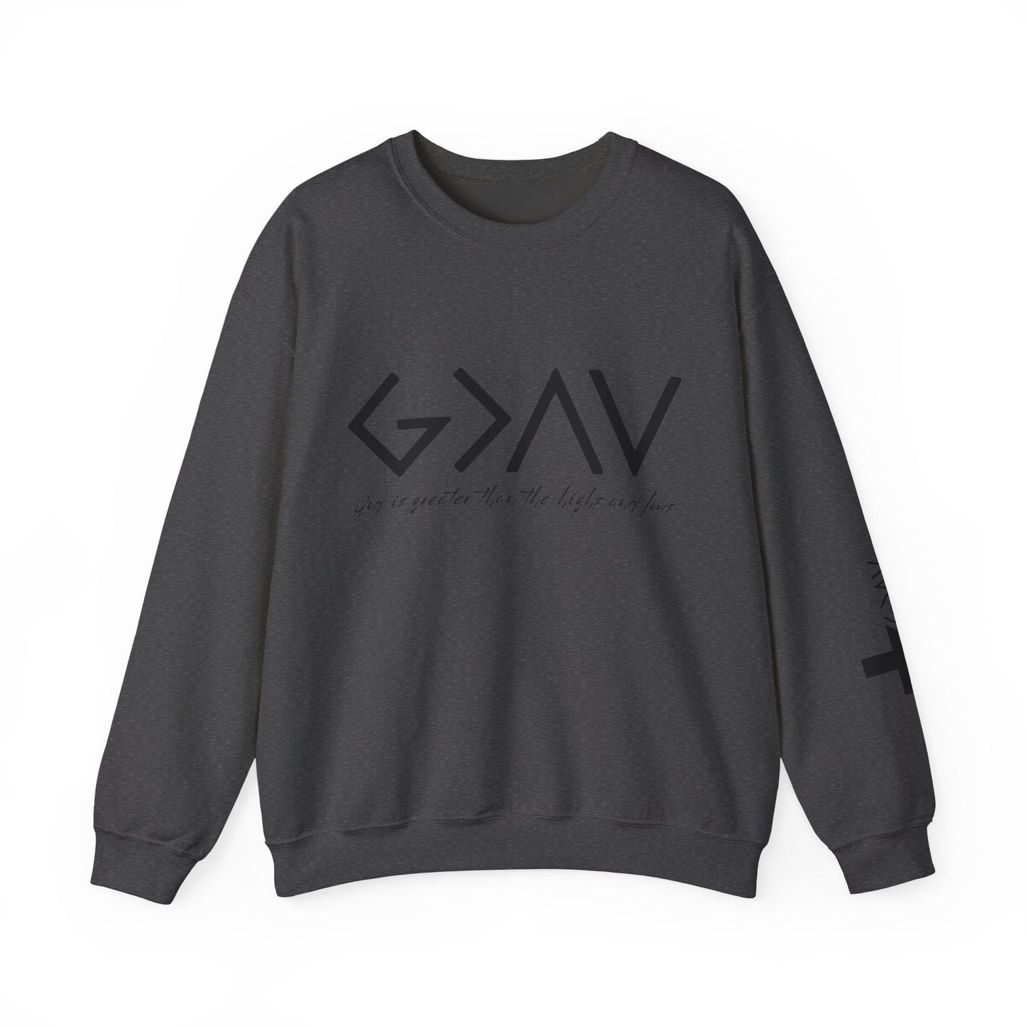 God is Greater with Cross Sleeve Crewneck Sweatshirt