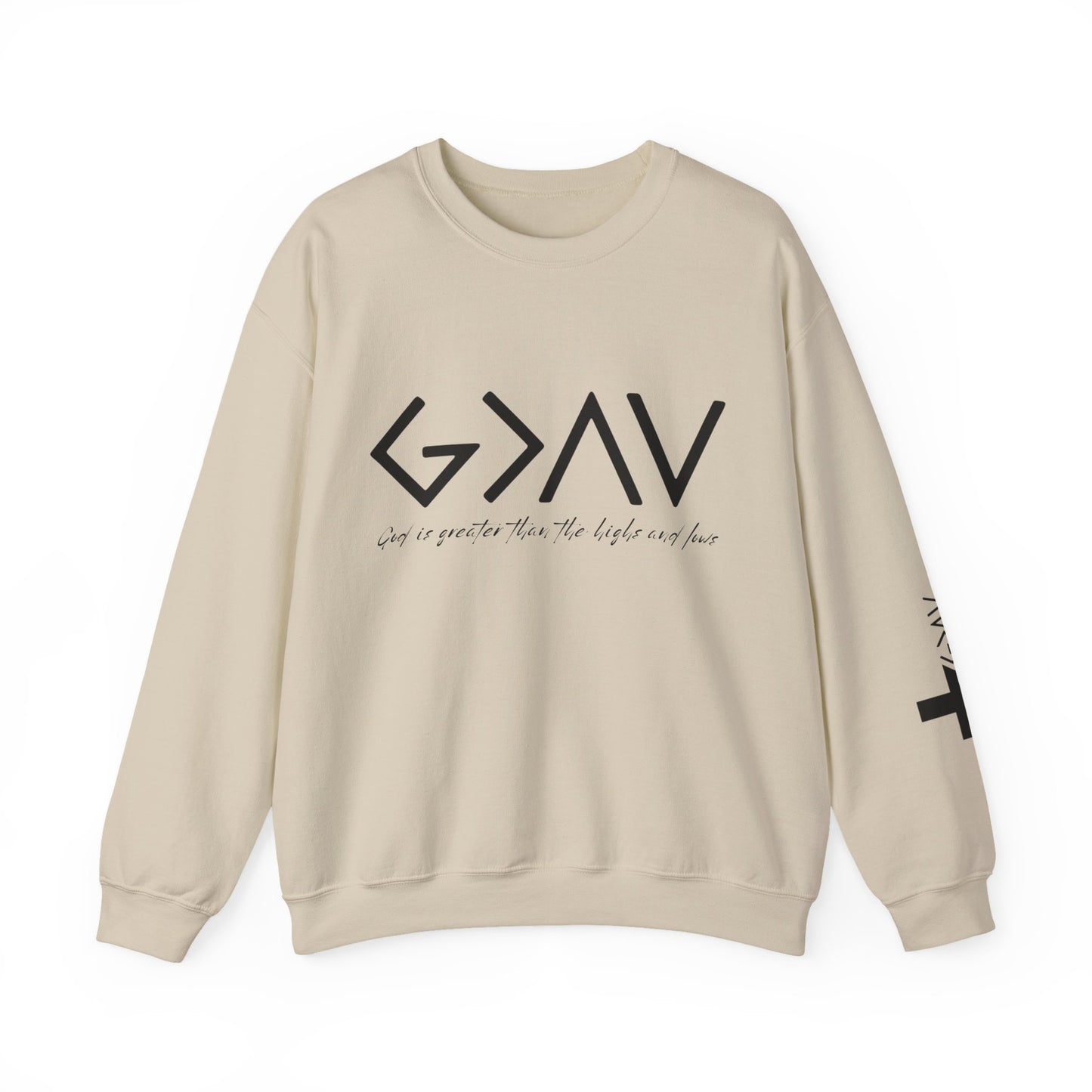 God is Greater with Cross Sleeve Crewneck Sweatshirt