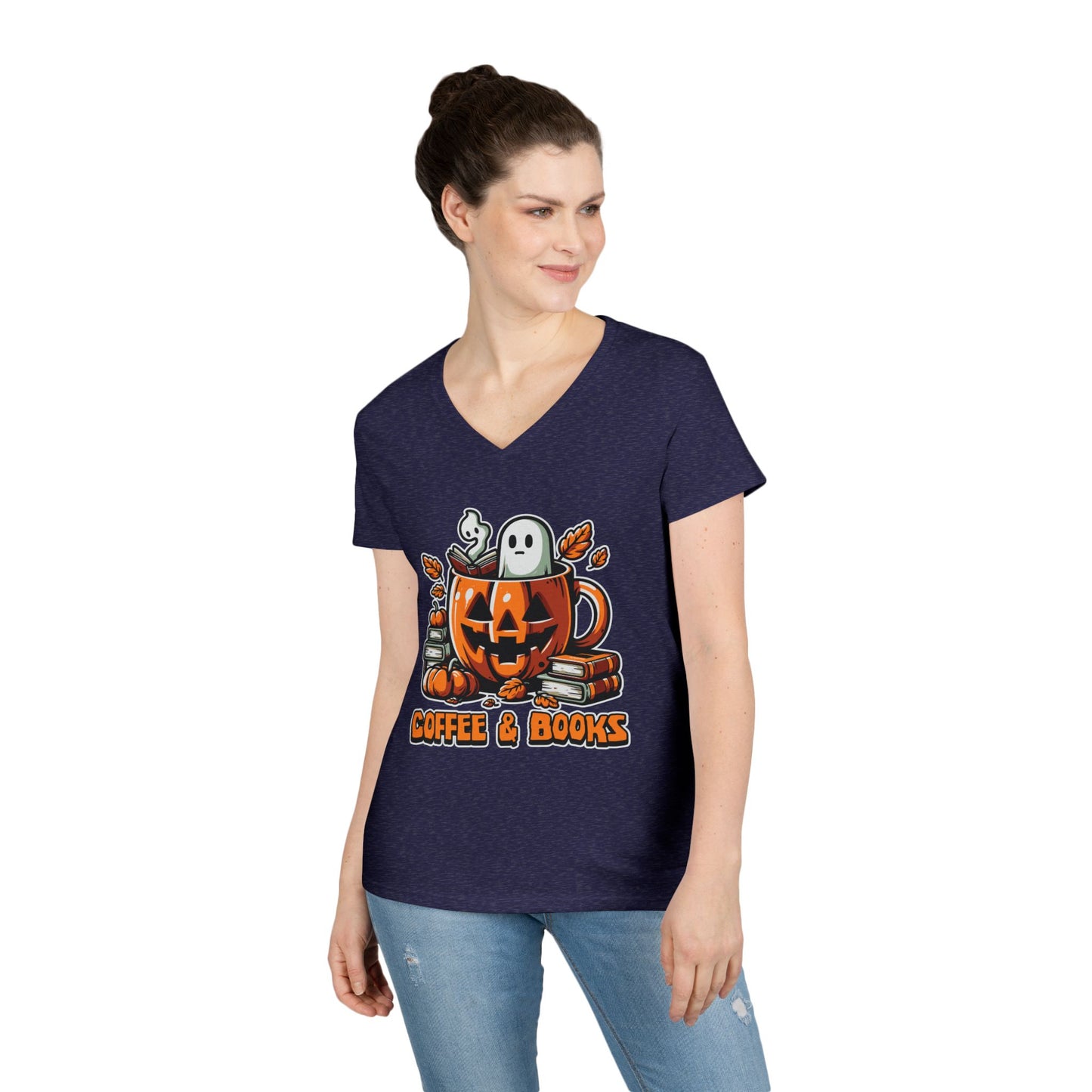 Halloween Coffee & Books Ladies' V-Neck T-Shirt