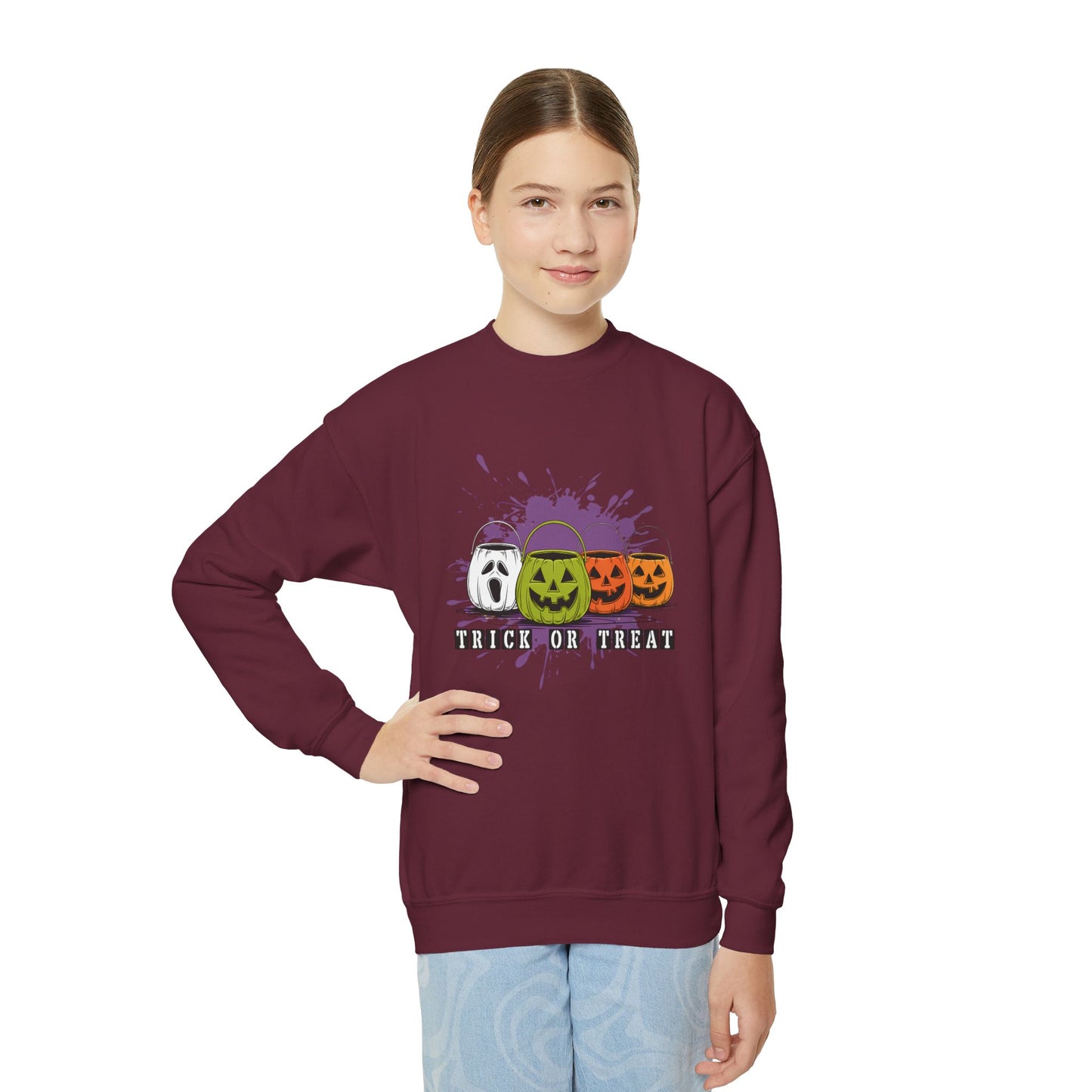 Halloween Pumpkin Trick or Treat Youth Crewneck Sweatshirt