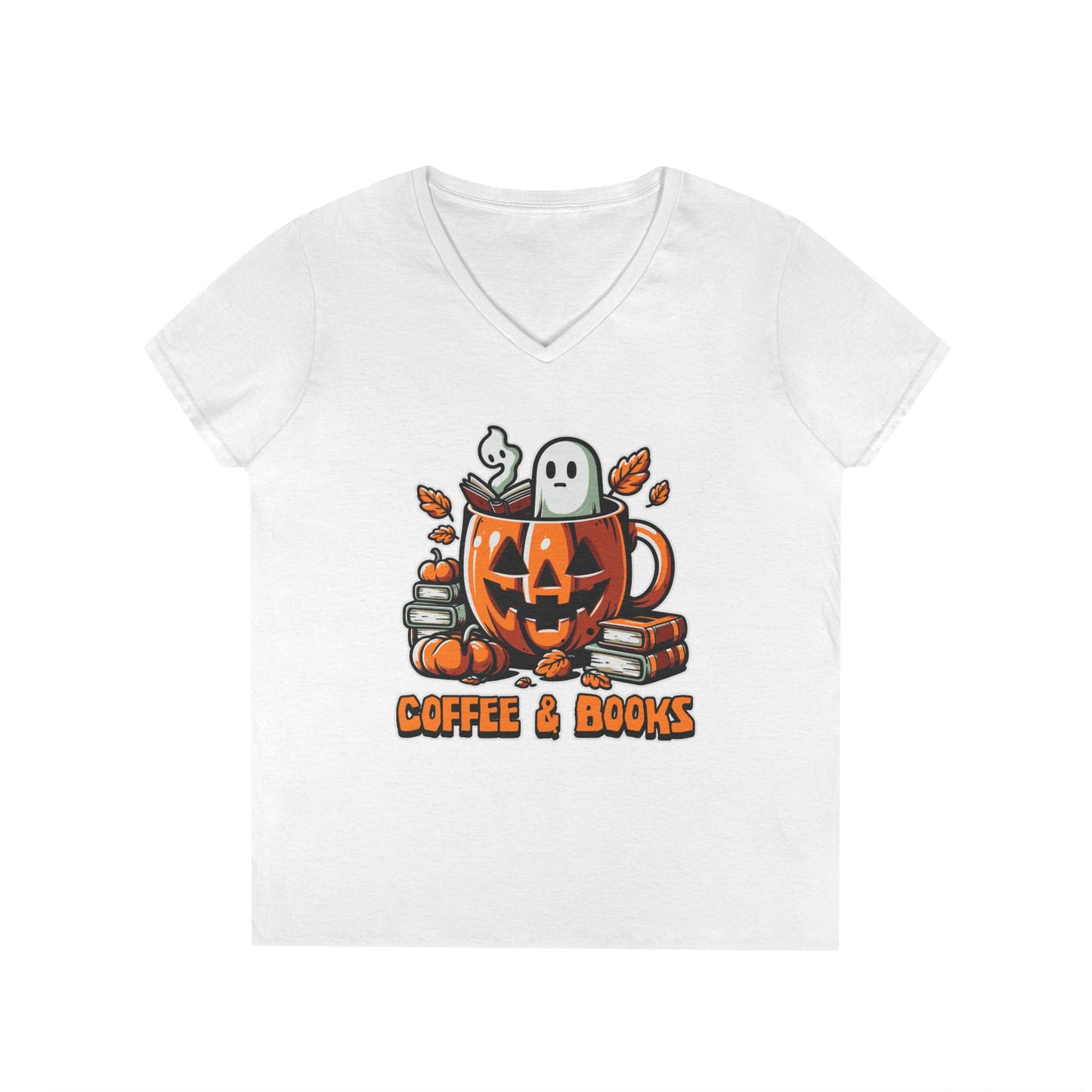 Halloween Coffee & Books Ladies' V-Neck T-Shirt