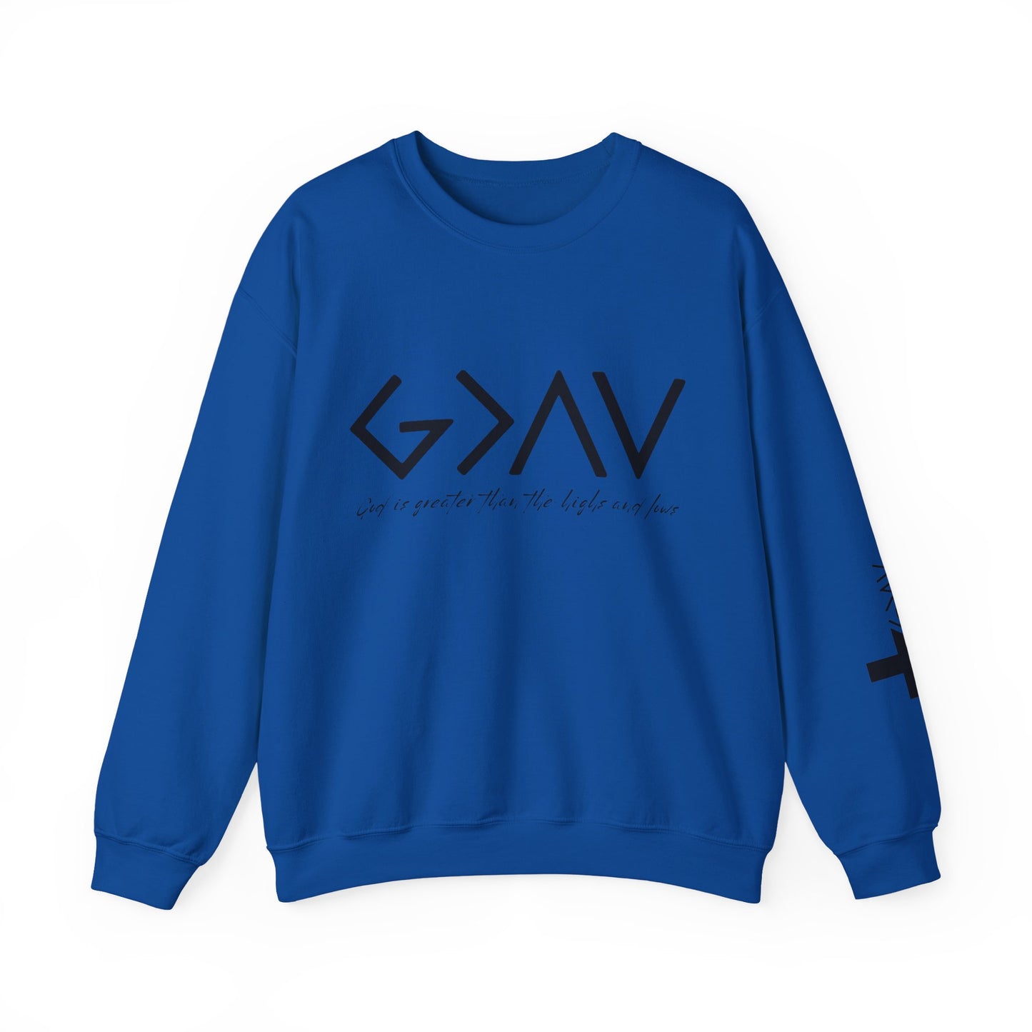 God is Greater with Cross Sleeve Crewneck Sweatshirt