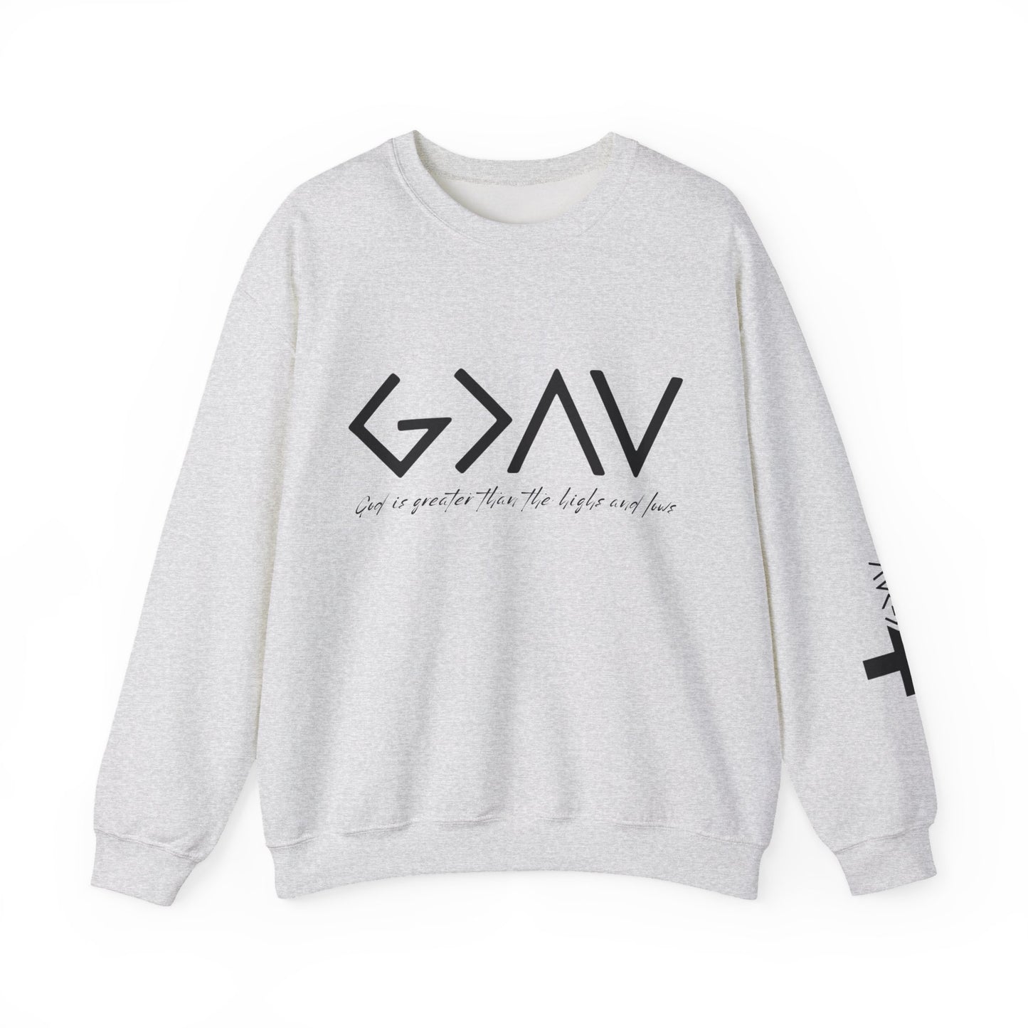 God is Greater with Cross Sleeve Crewneck Sweatshirt
