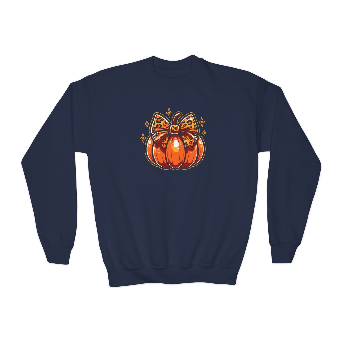 Leopard Pumpkin Bow Youth Crewneck Sweatshirt