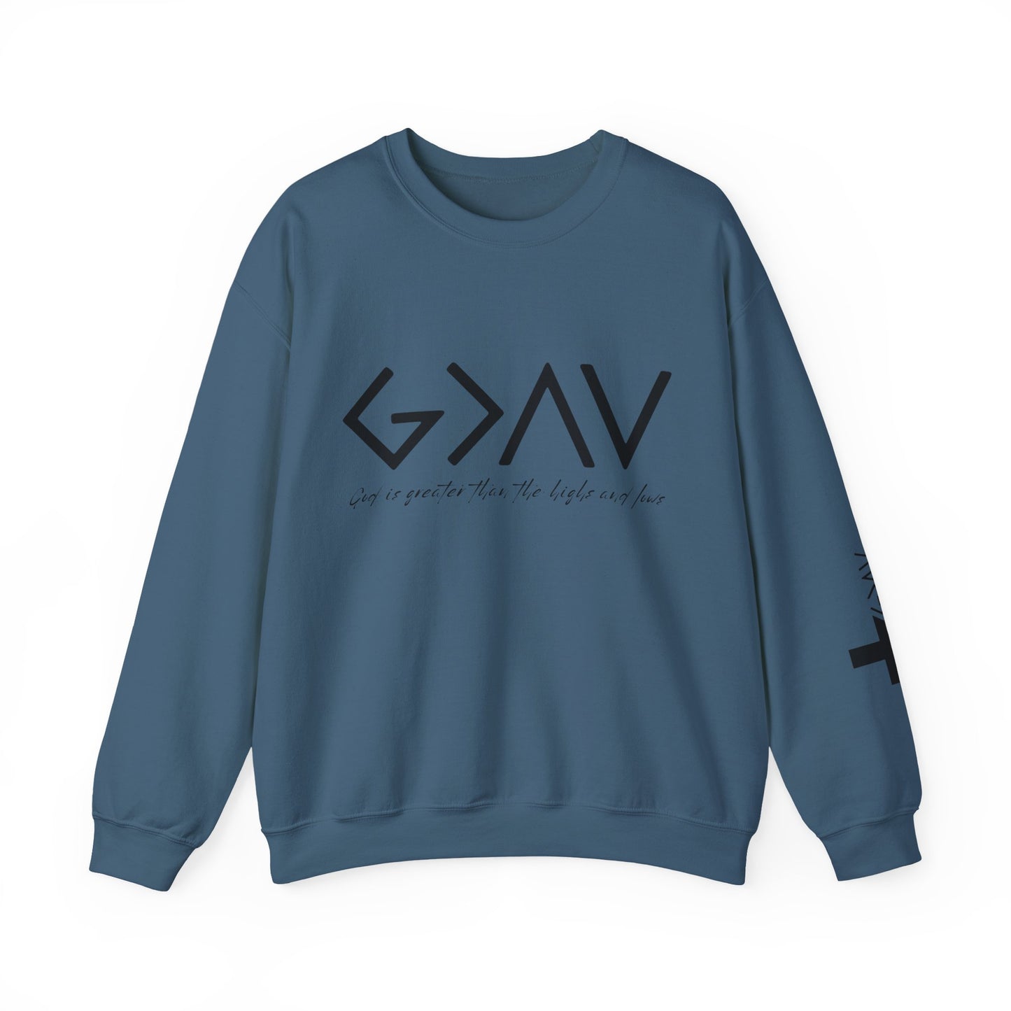 God is Greater with Cross Sleeve Crewneck Sweatshirt