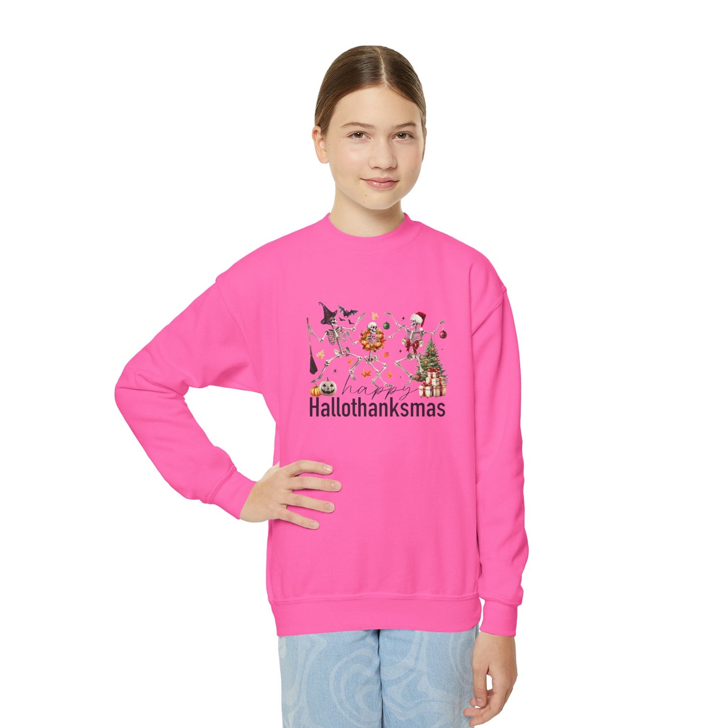Happy Hallothanksmas Skeleton Youth Crewneck Sweatshirt