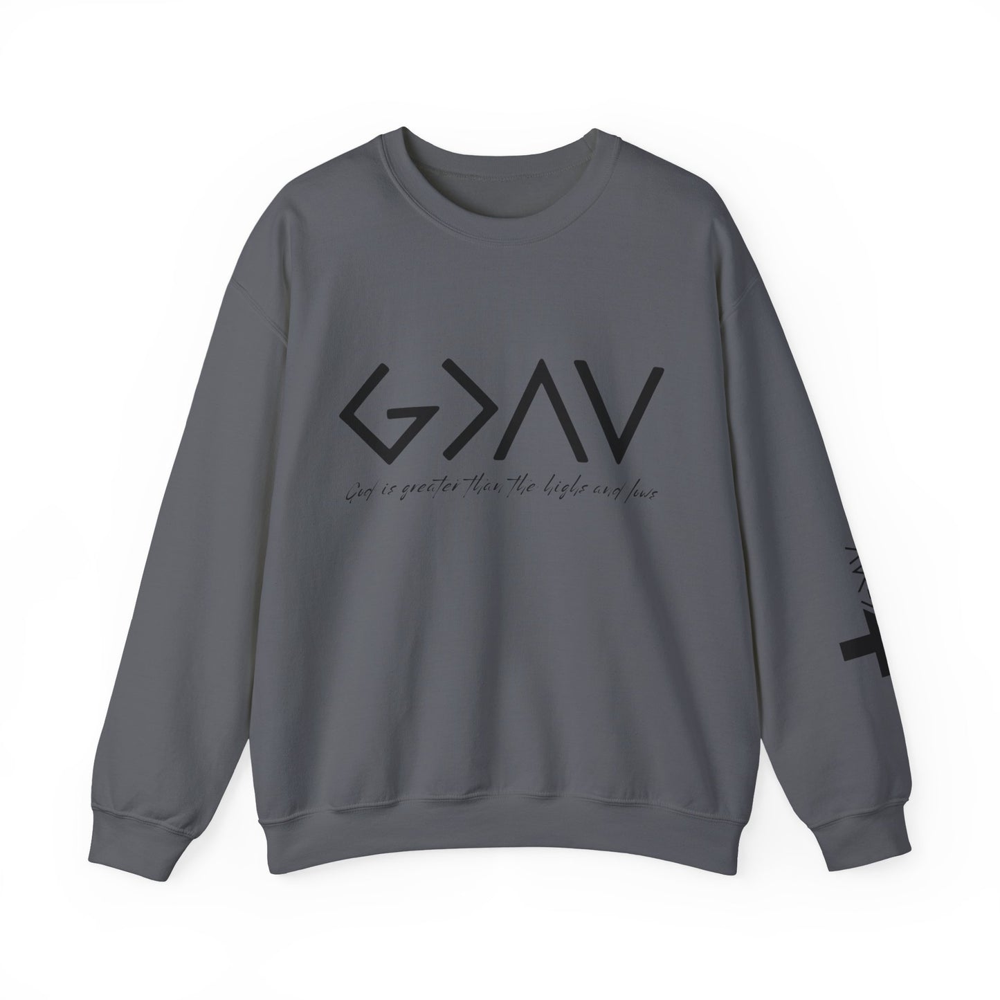 God is Greater with Cross Sleeve Crewneck Sweatshirt