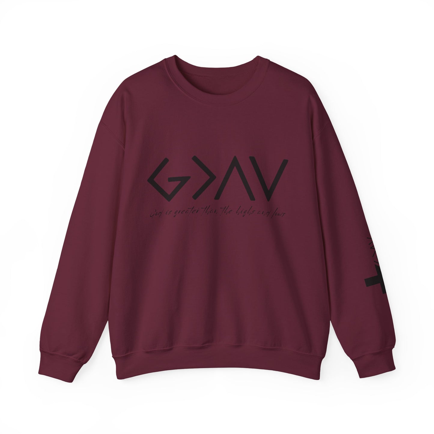 God is Greater with Cross Sleeve Crewneck Sweatshirt