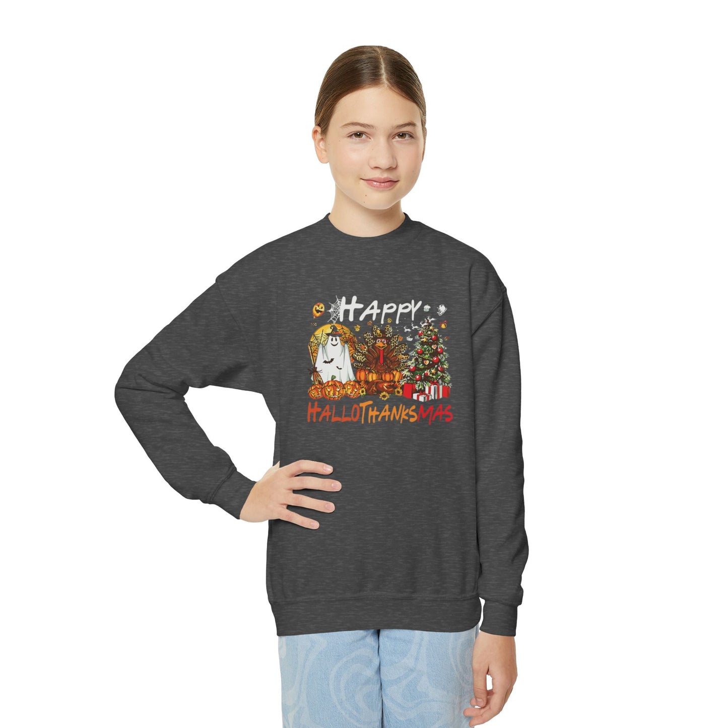Happy Hallothanksmas Characters Youth Crewneck Sweatshirt