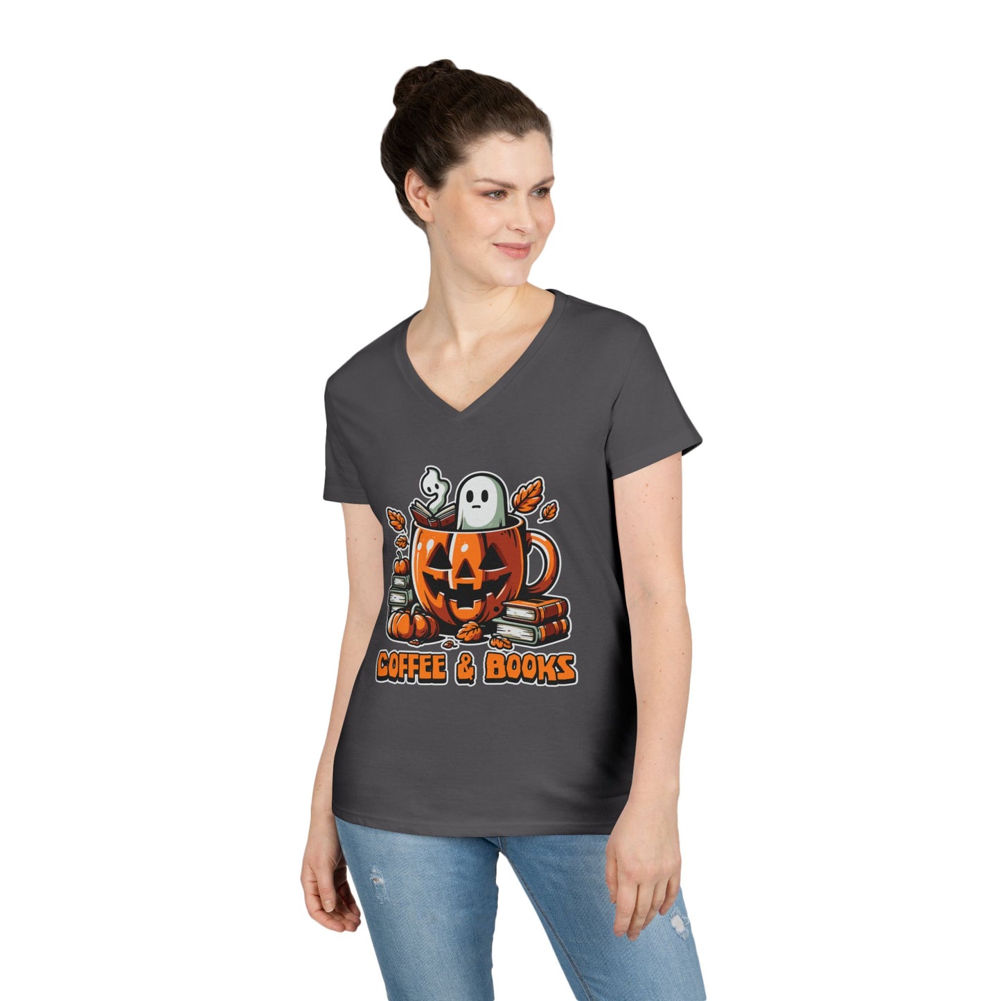 Halloween Coffee & Books Ladies' V-Neck T-Shirt
