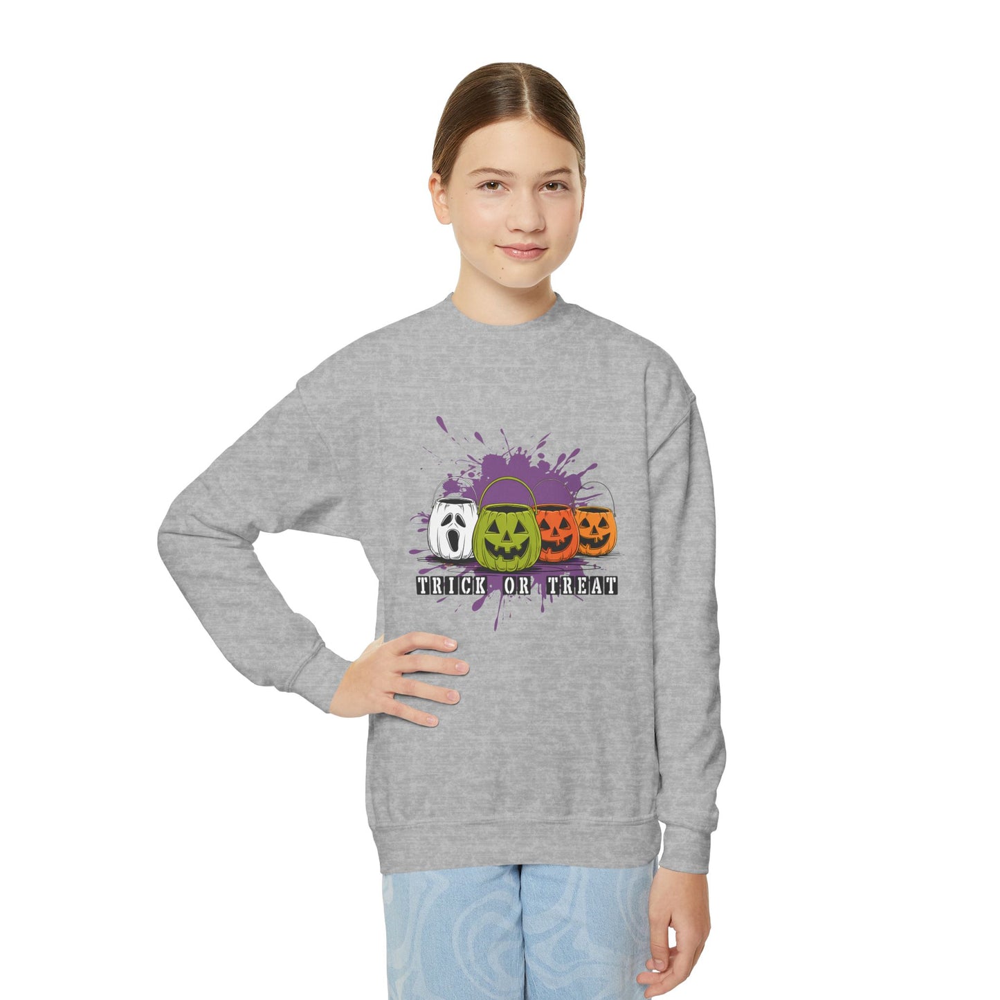 Halloween Pumpkin Trick or Treat Youth Crewneck Sweatshirt