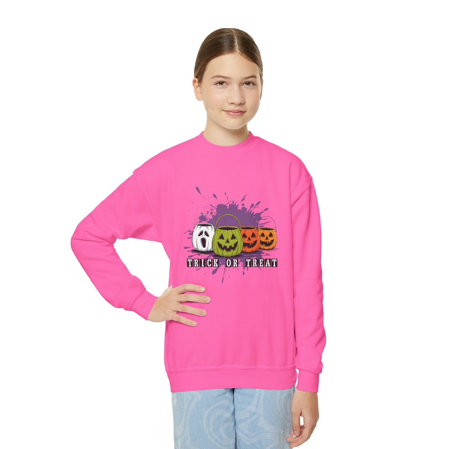 Halloween Pumpkin Trick or Treat Youth Crewneck Sweatshirt