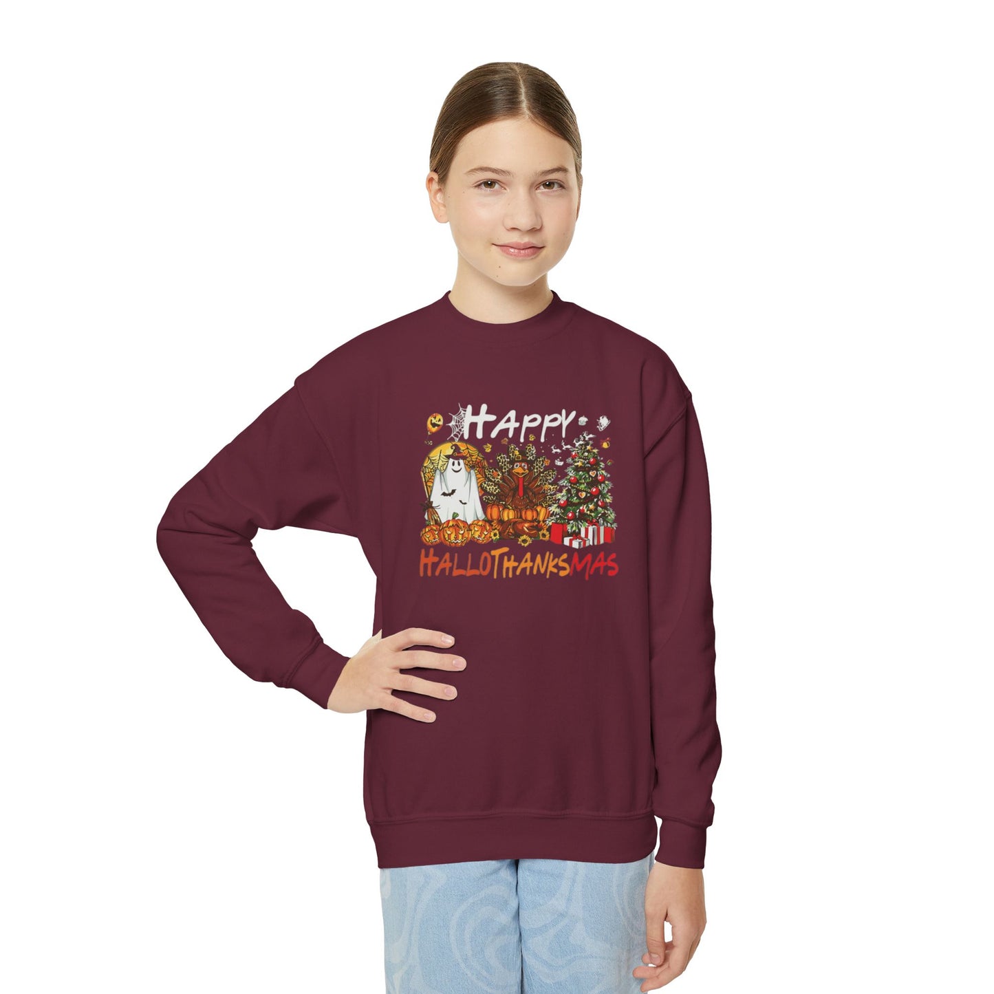 Happy Hallothanksmas Characters Youth Crewneck Sweatshirt