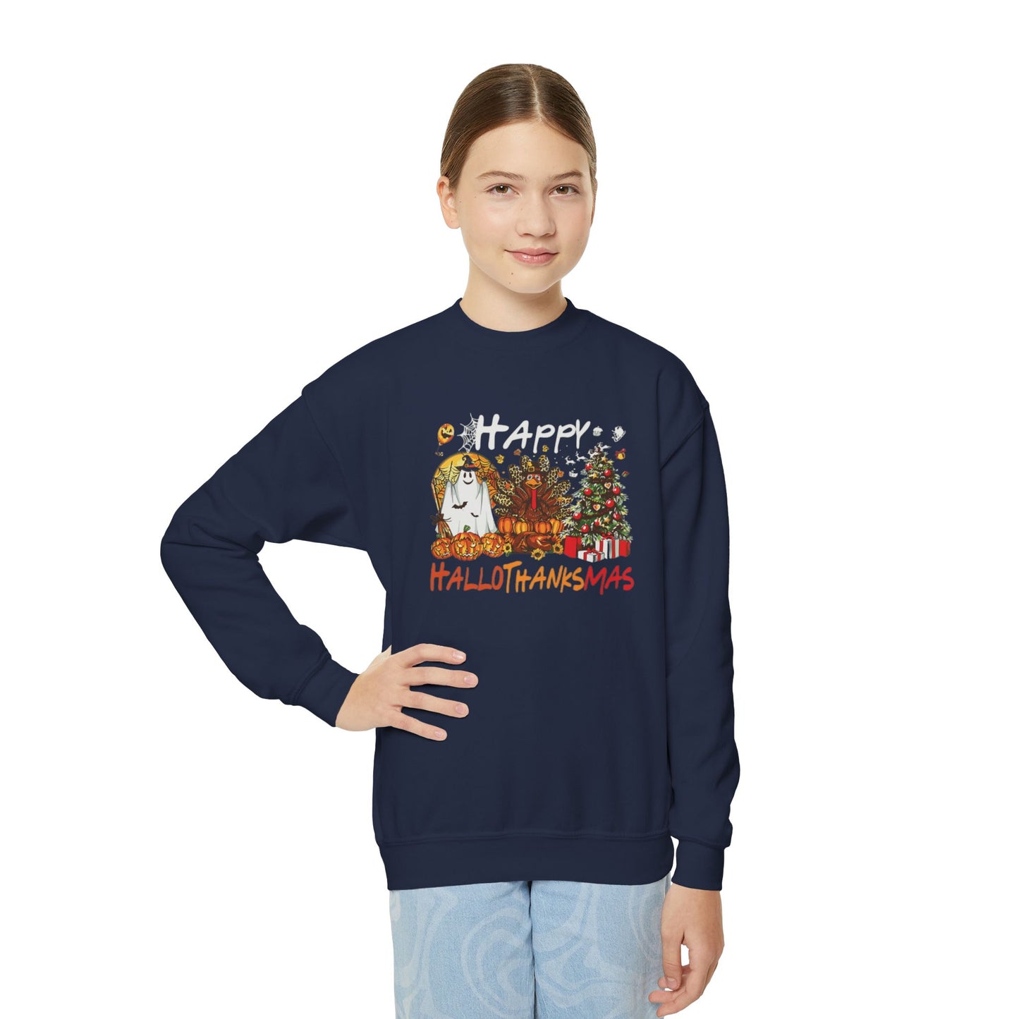 Happy Hallothanksmas Characters Youth Crewneck Sweatshirt