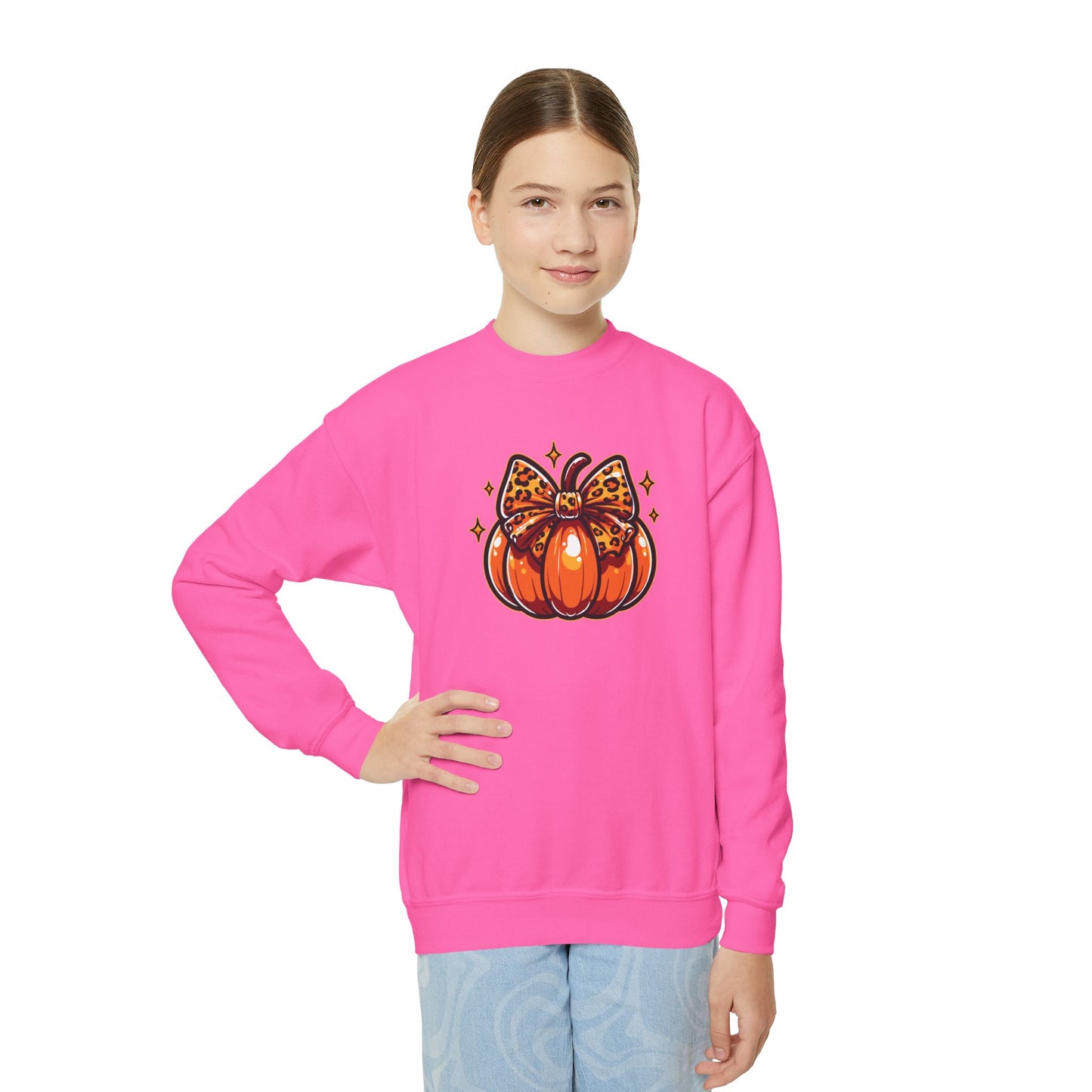 Leopard Pumpkin Bow Youth Crewneck Sweatshirt