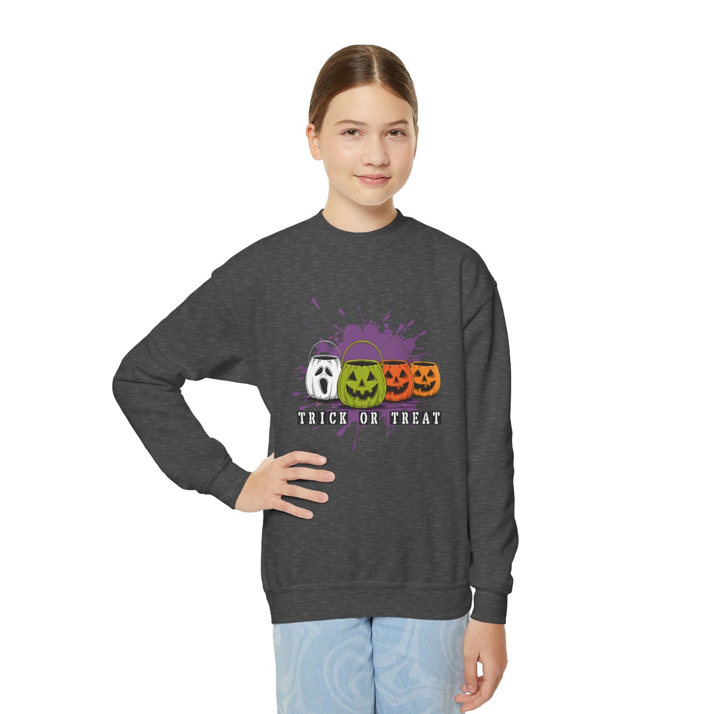 Halloween Pumpkin Trick or Treat  Youth Crewneck Sweatshirt