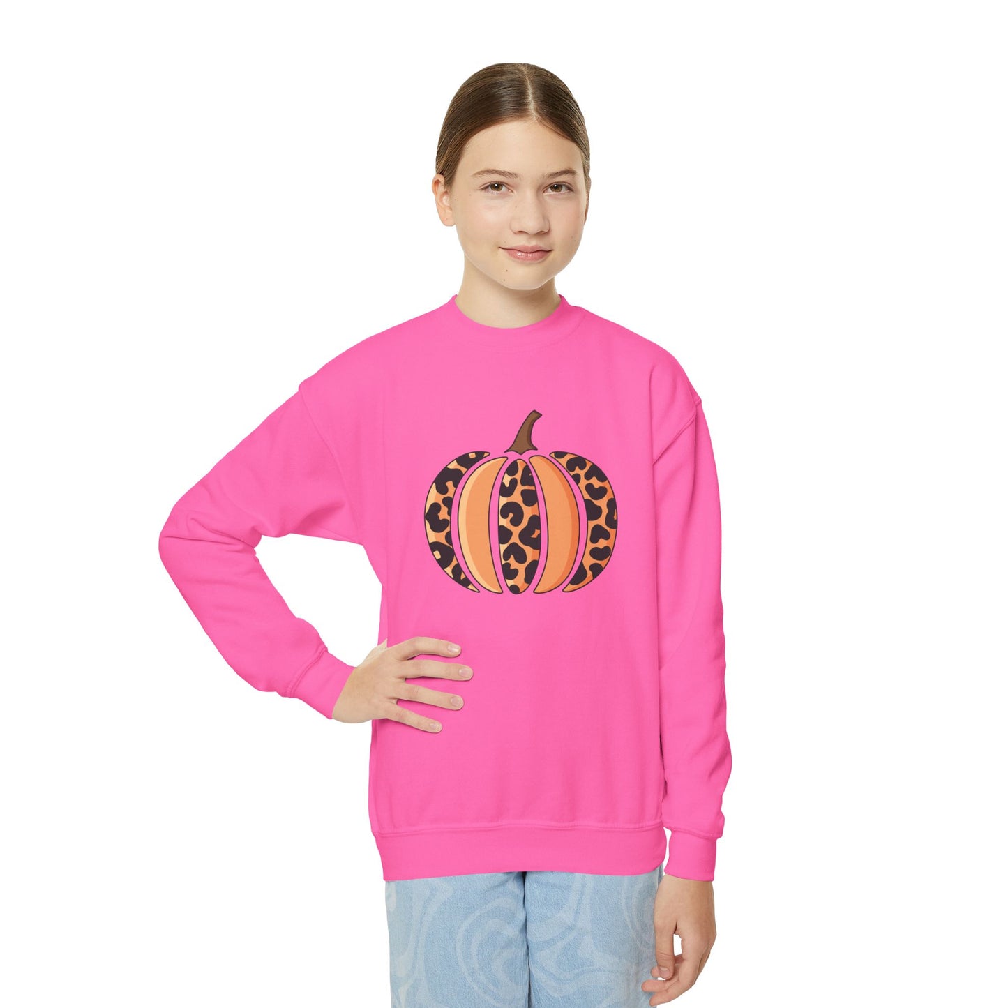 Leopard Print Pumpkin Youth Crewneck Sweatshirt
