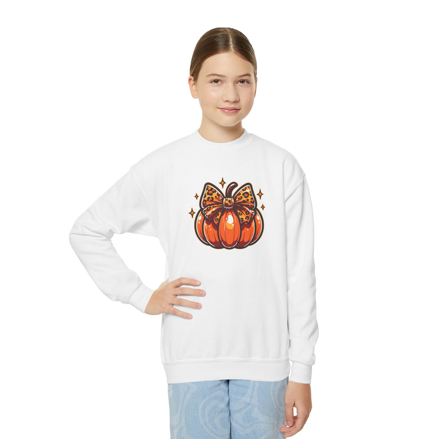 Leopard Pumpkin Bow Youth Crewneck Sweatshirt