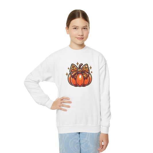 Leopard Pumpkin Bow Youth Crewneck Sweatshirt