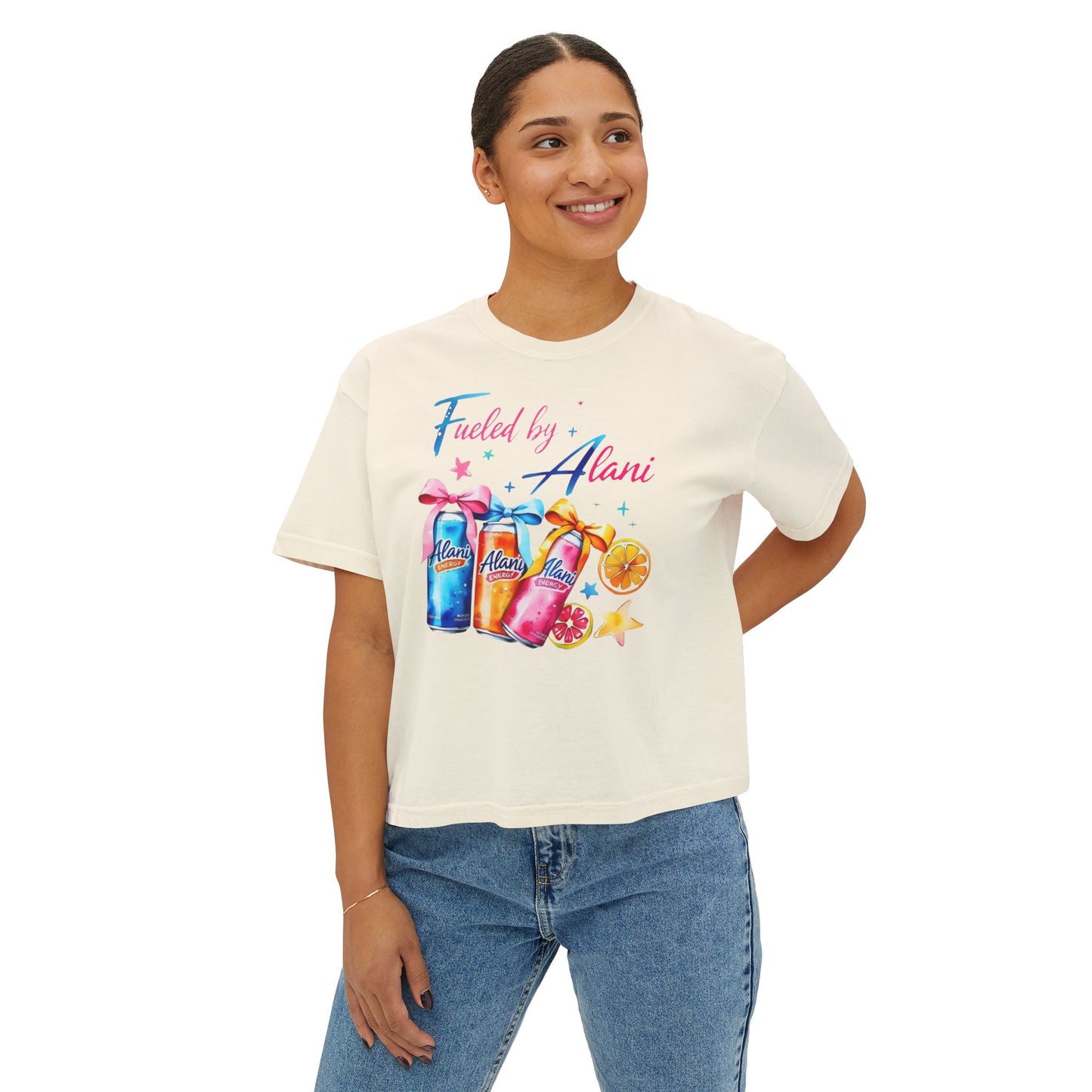 Alani Fueled Women's Boxy Tee, Summer Vibes Shirt, Casual Everyday Tee, Workout Top, Gift for Fitness Lovers,  Fun Crew Tee