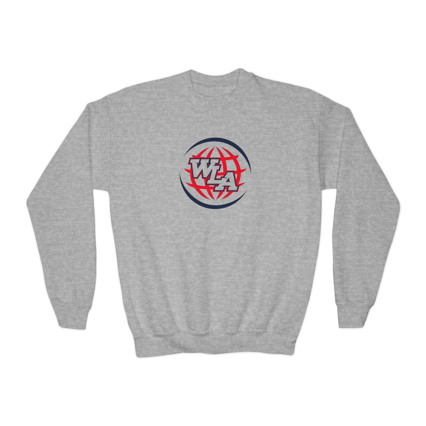 Youth Crewneck Sweatshirt — Red & Navy Globe 'WLA' Logo