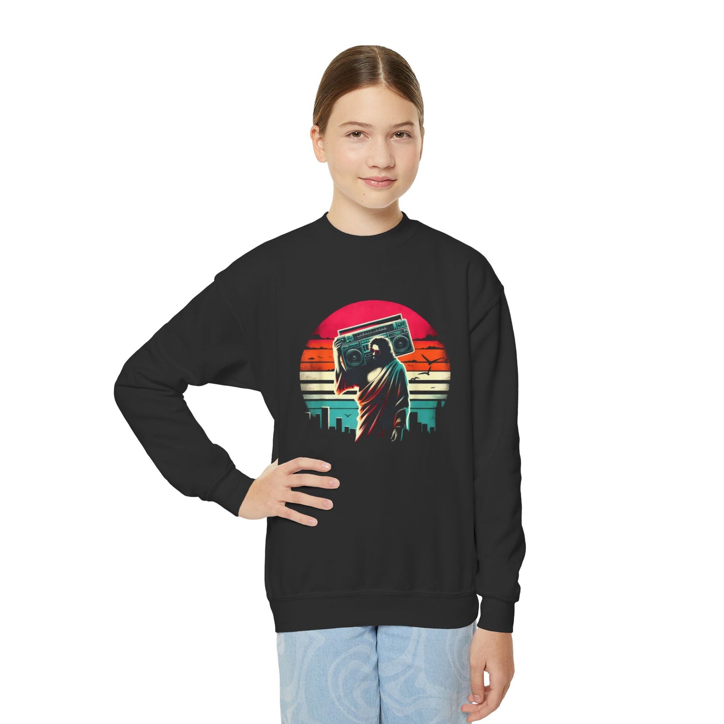 Retro Jesus Vibe Graphic Youth Crewneck Sweatshirt
