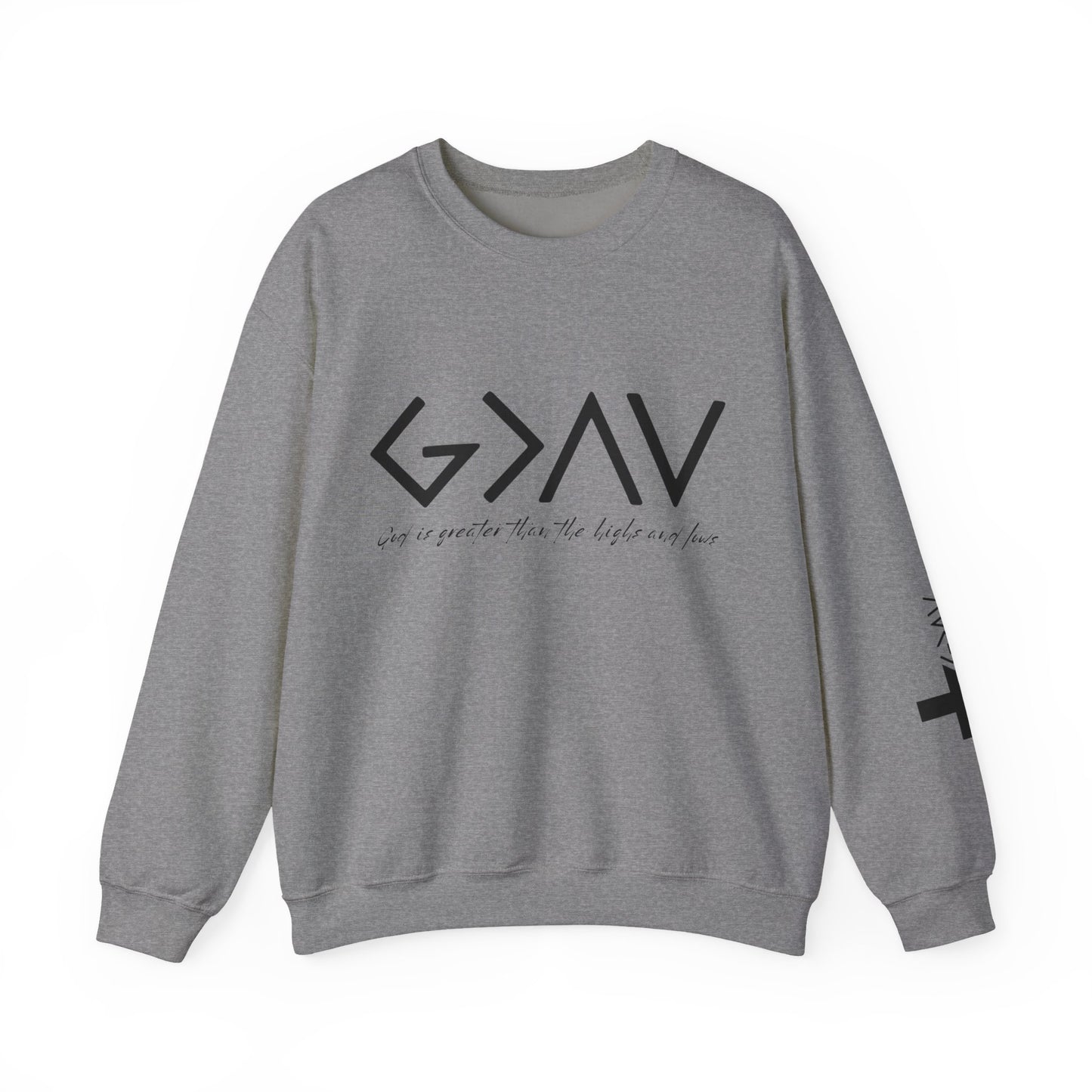 God is Greater with Cross Sleeve Crewneck Sweatshirt