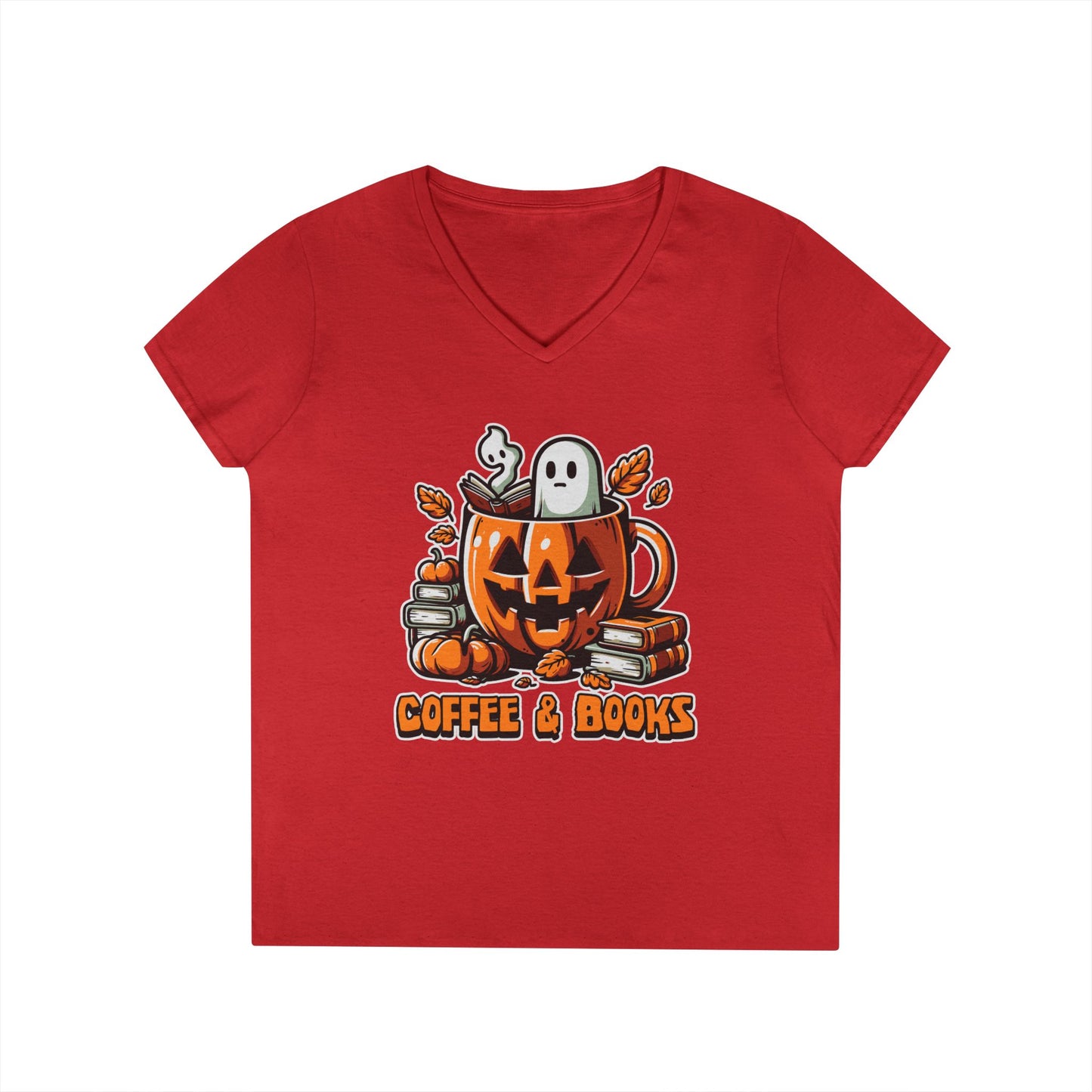 Halloween Coffee & Books Ladies' V-Neck T-Shirt