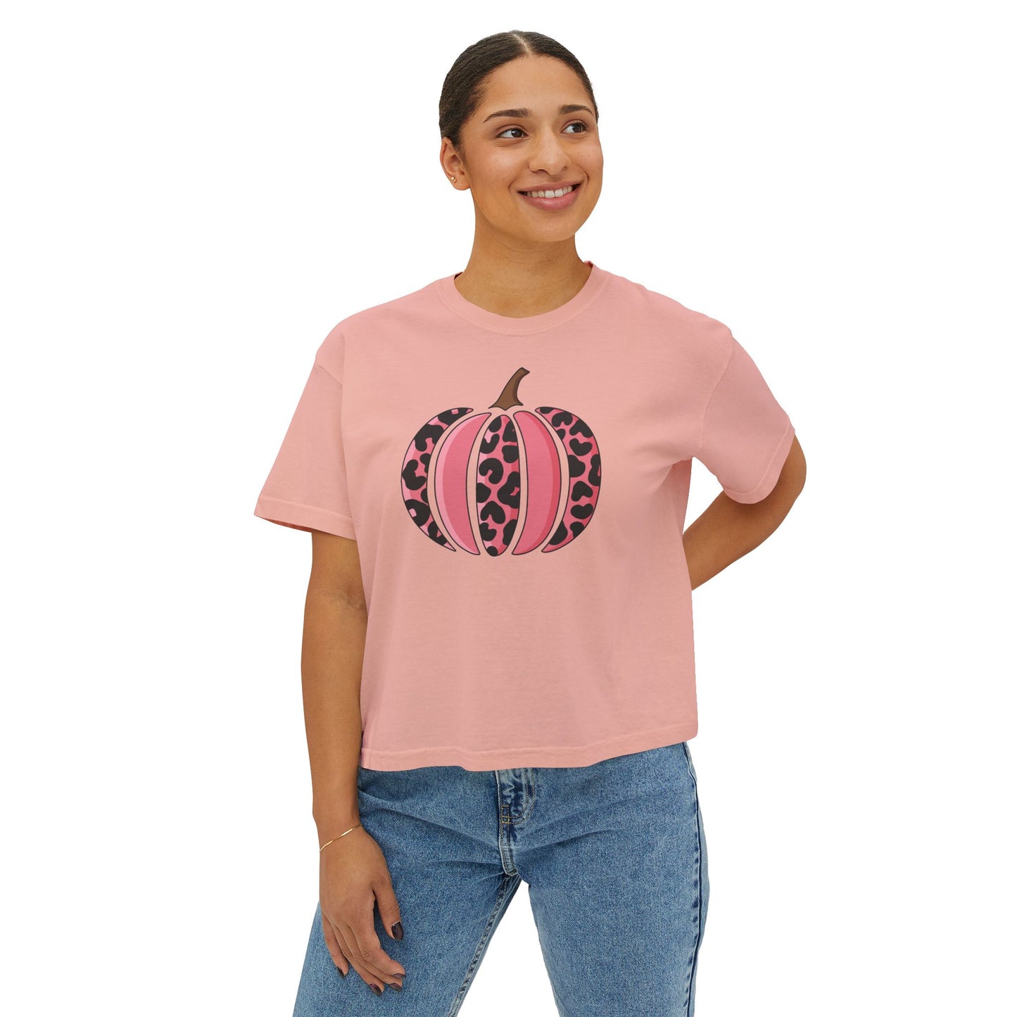 Pink Leopard Print Pumpkin  Boxy Tee