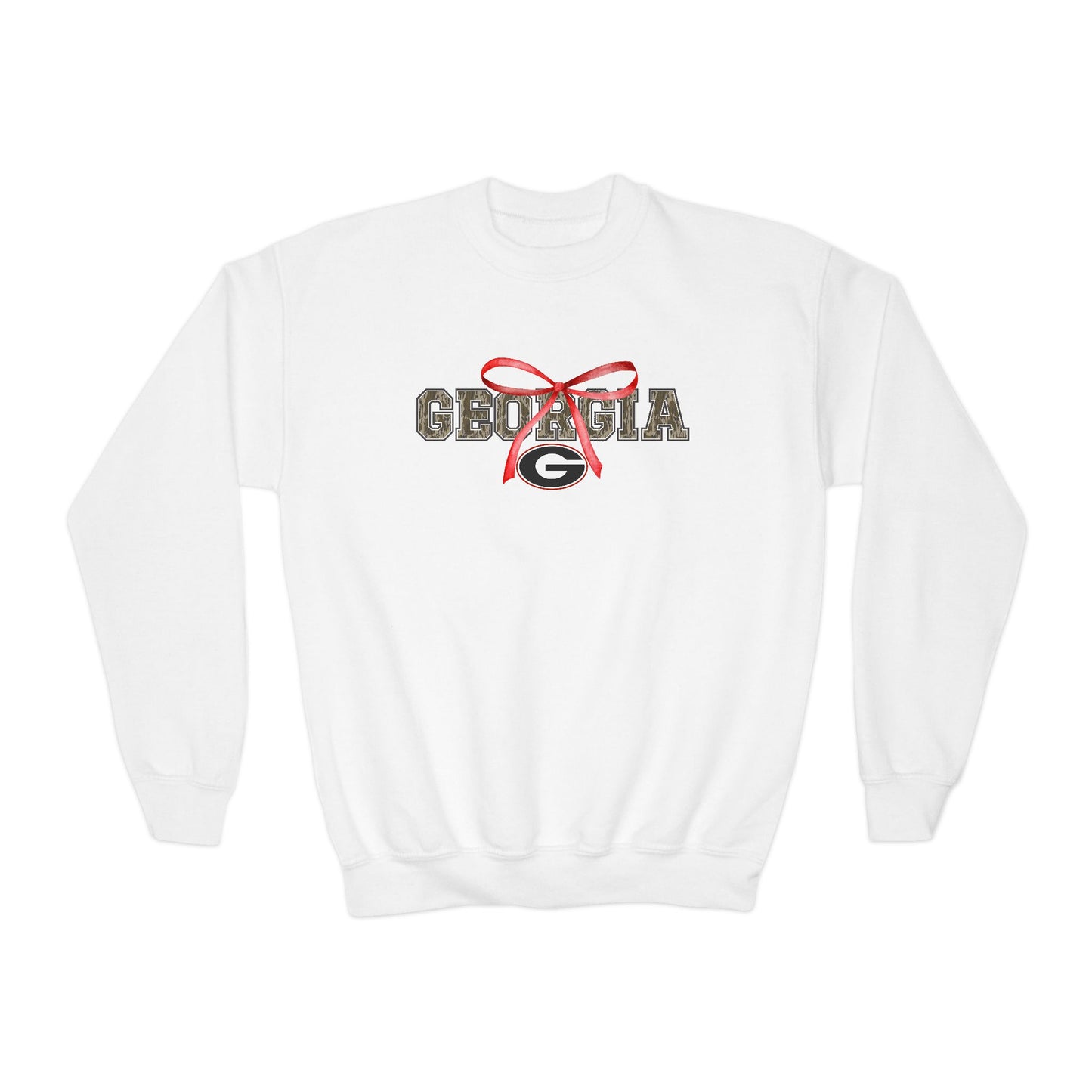 Camo Georgia Youth Crewneck Sweatshirt with Bow Design