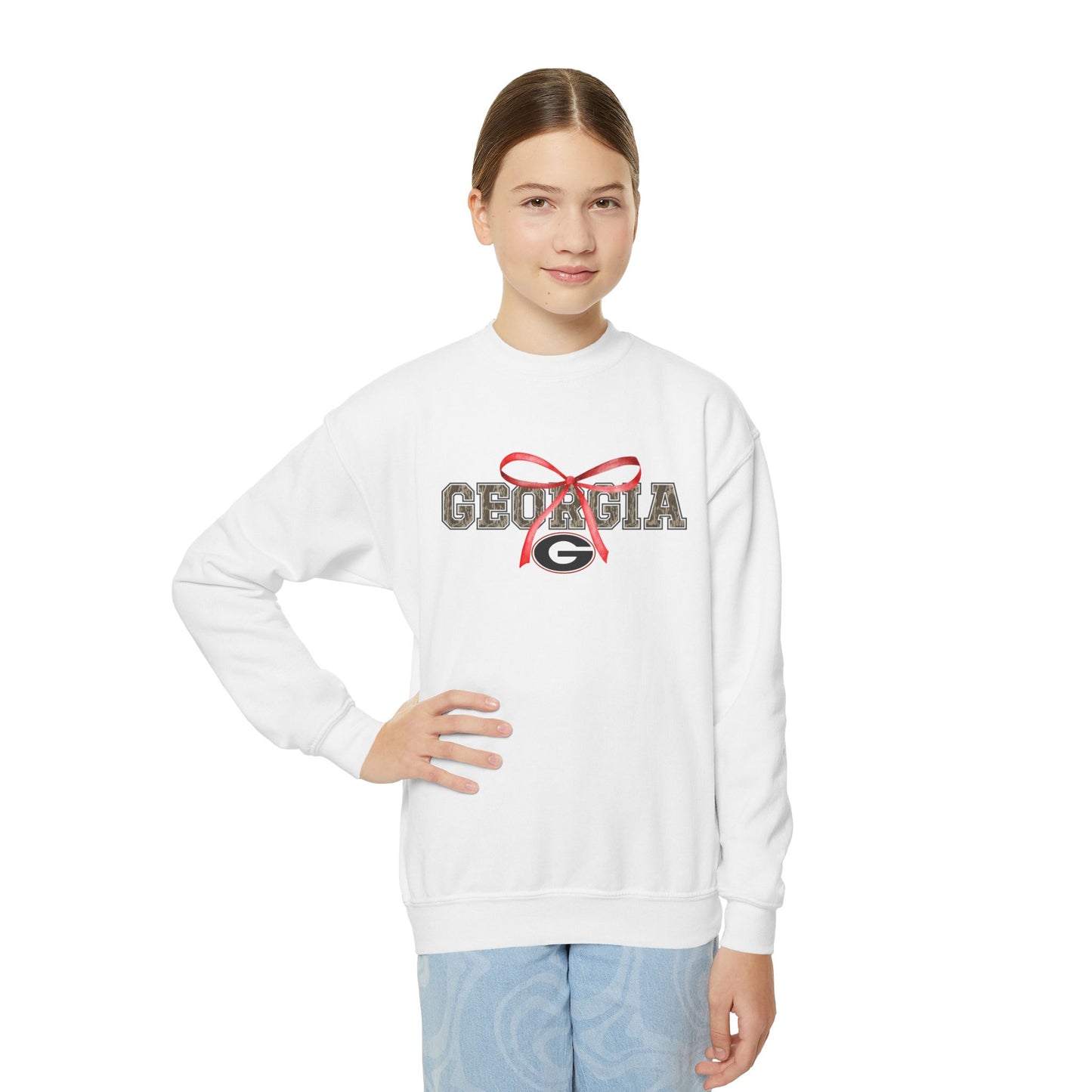 Camo Georgia Youth Crewneck Sweatshirt with Bow Design