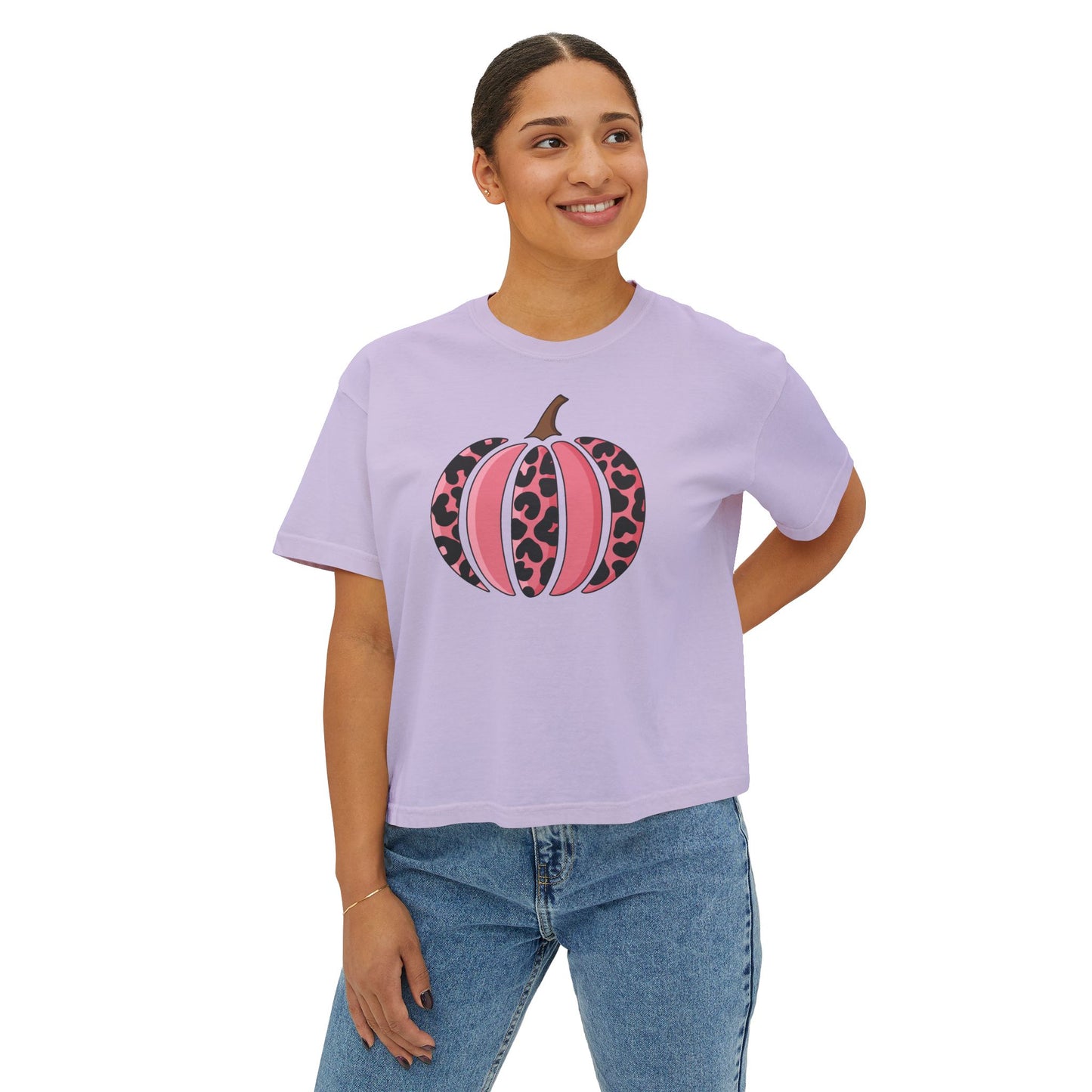 Pink Leopard Print Pumpkin  Boxy Tee