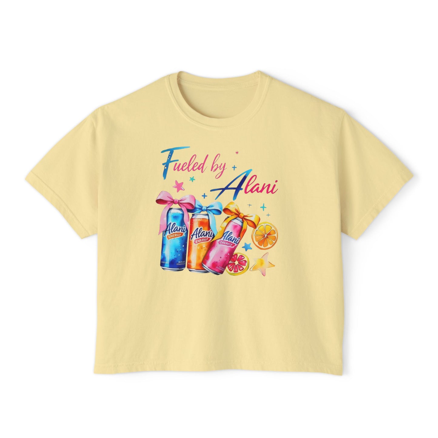 Alani Fueled Women's Boxy Tee, Summer Vibes Shirt, Casual Everyday Tee, Workout Top, Gift for Fitness Lovers,  Fun Crew Tee