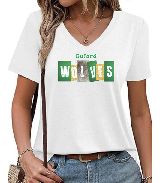 Buford Wolves Block Letters V-Neck T-Shirt