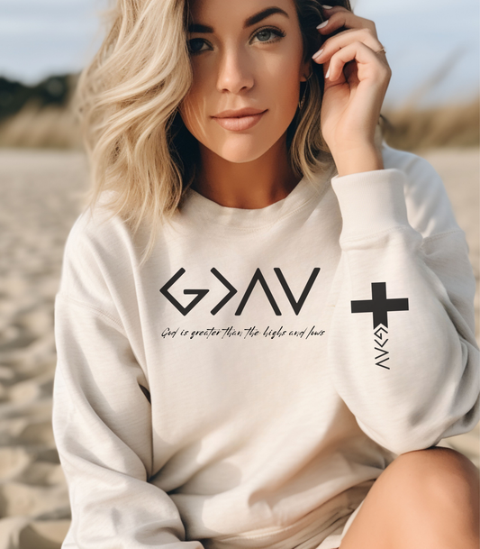 God is Greater with Cross Sleeve Crewneck Sweatshirt
